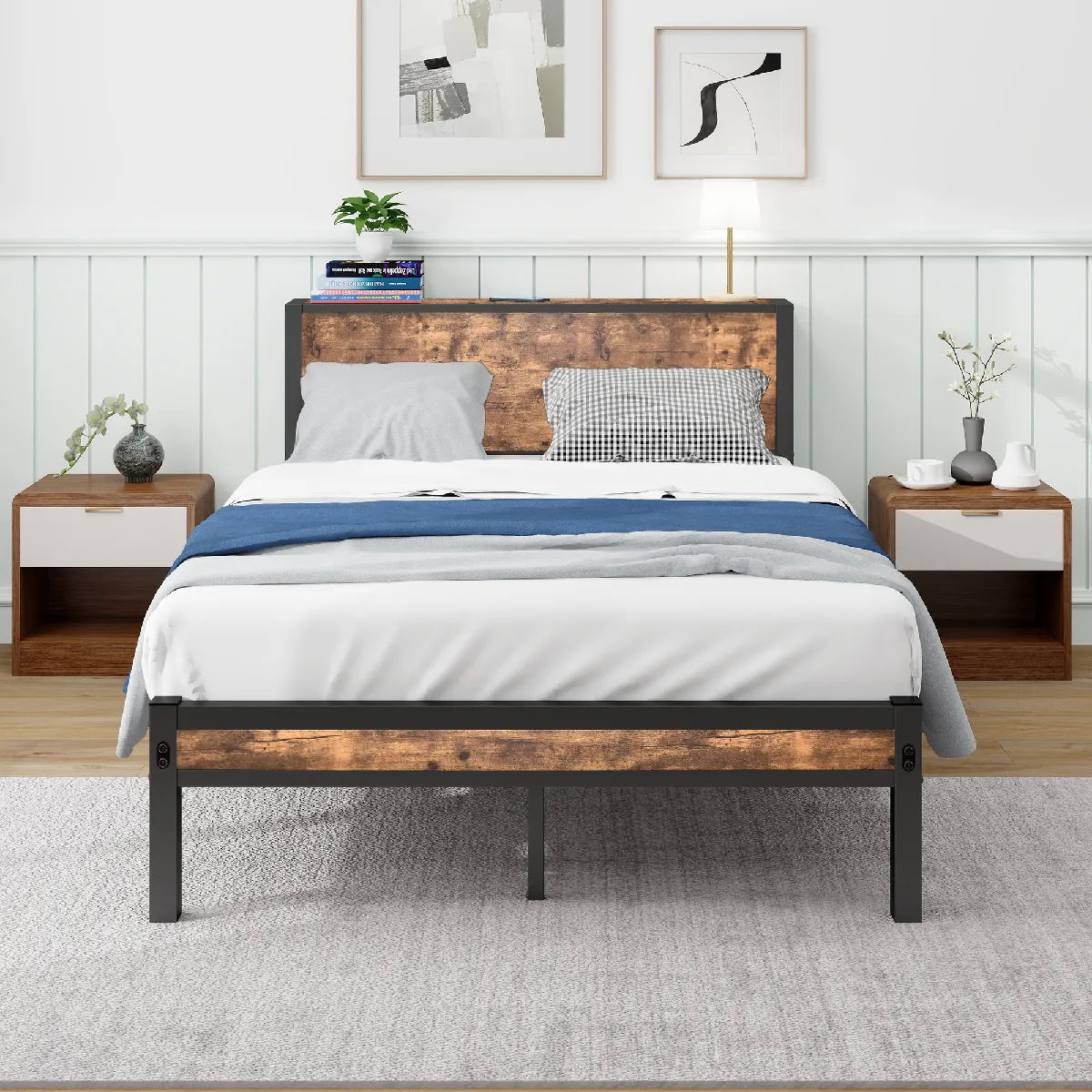 Lit métal 120x200cm vintage,tête de lit rangement,sommier silencieux,charge 220kg,marron
