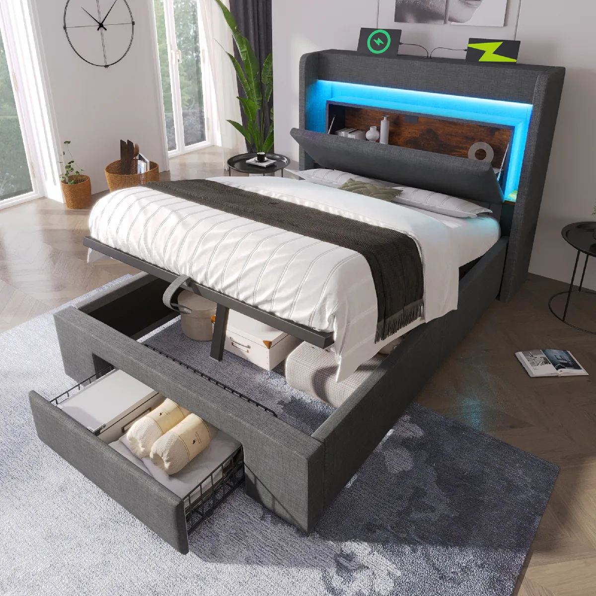 KOMHTOM Lit rembourré 90x200 cm, sommier bois, rangement hydraulique, tête LED USB, gris