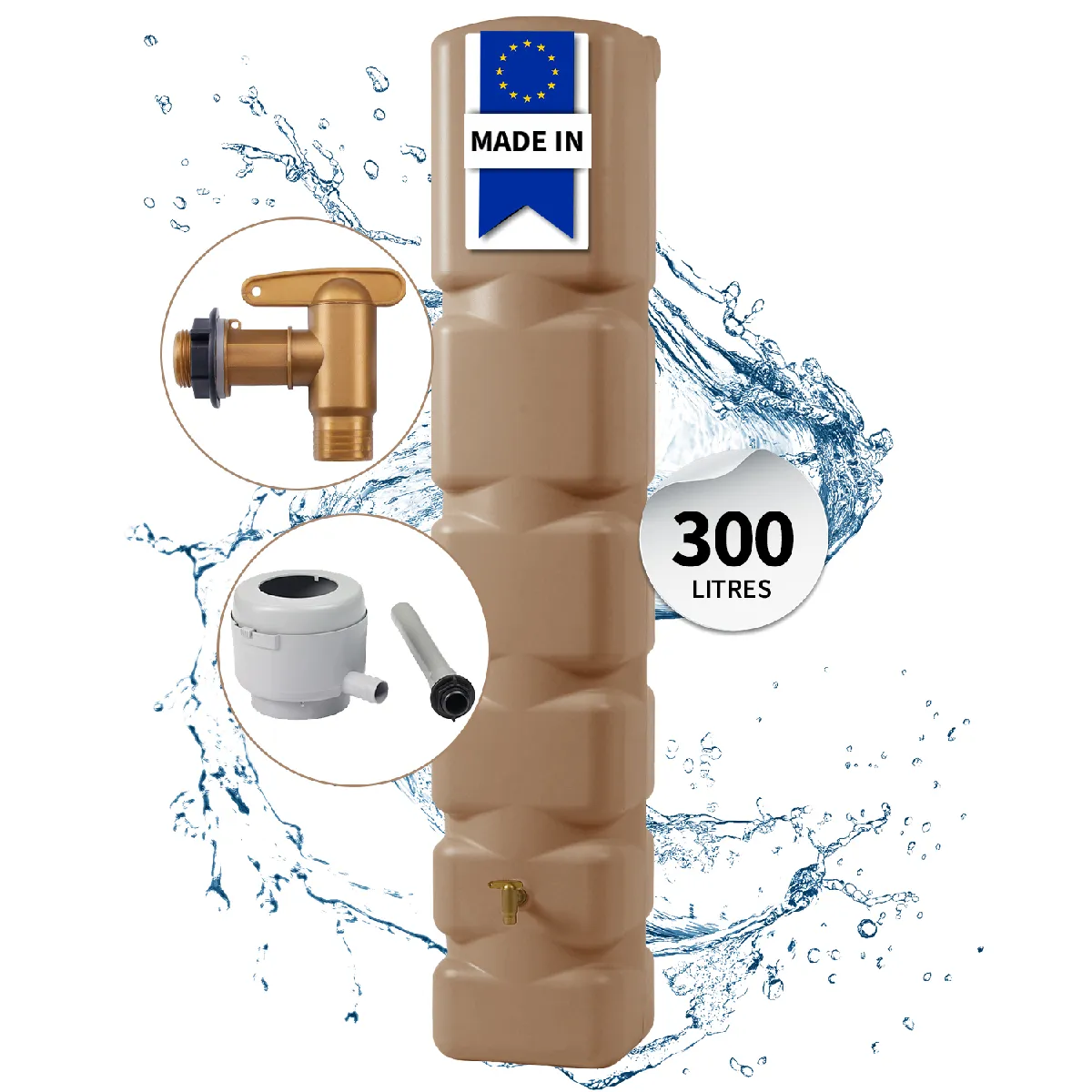 4RAIN  BASIC cuve murale kit complet 300 L, taupe avec robinet de vidange en plastique et raccord de descente