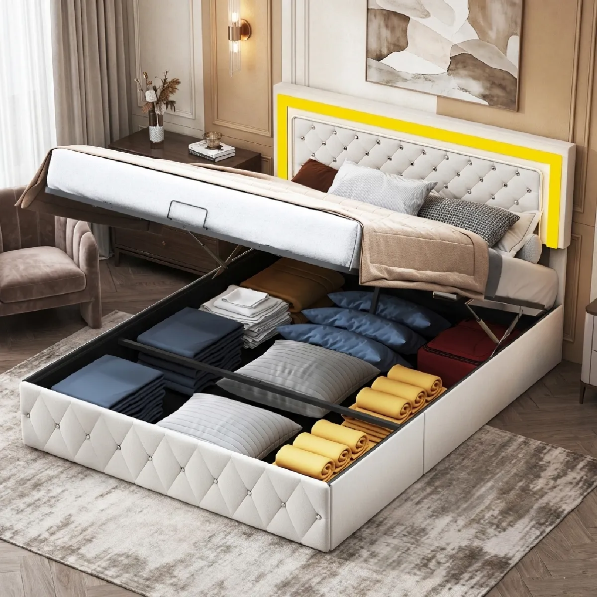 Lit coffre 160x200 cm sommier avec tête de lit réglable, pour adultes, velours, beige