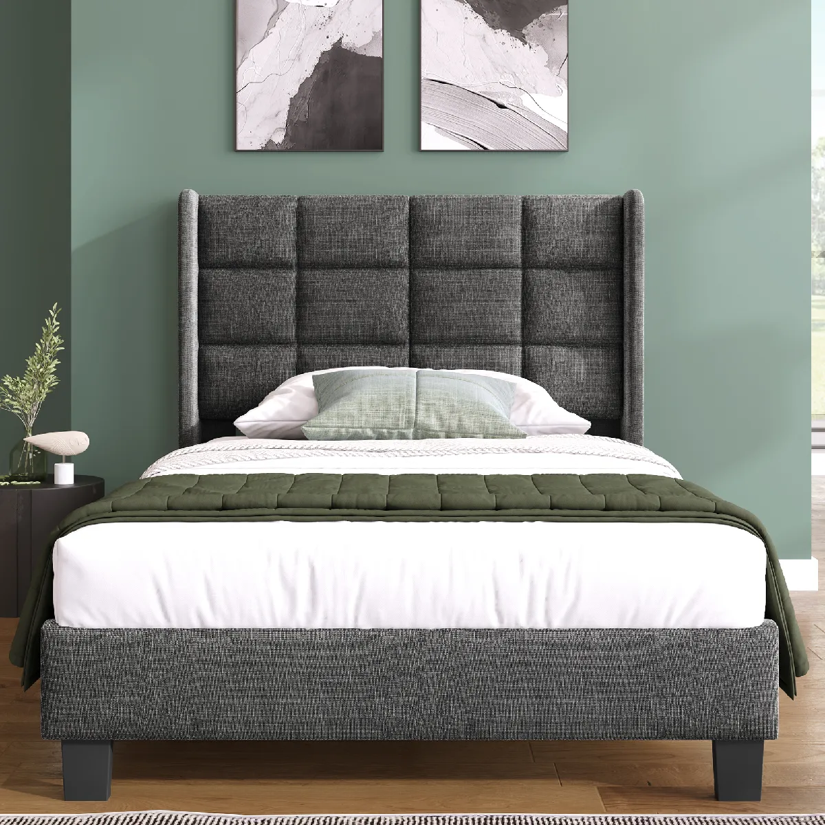 Lit simple 90x200 cm, capitonné lin gris, matelas ressorts ensachés inclus, cadre acier