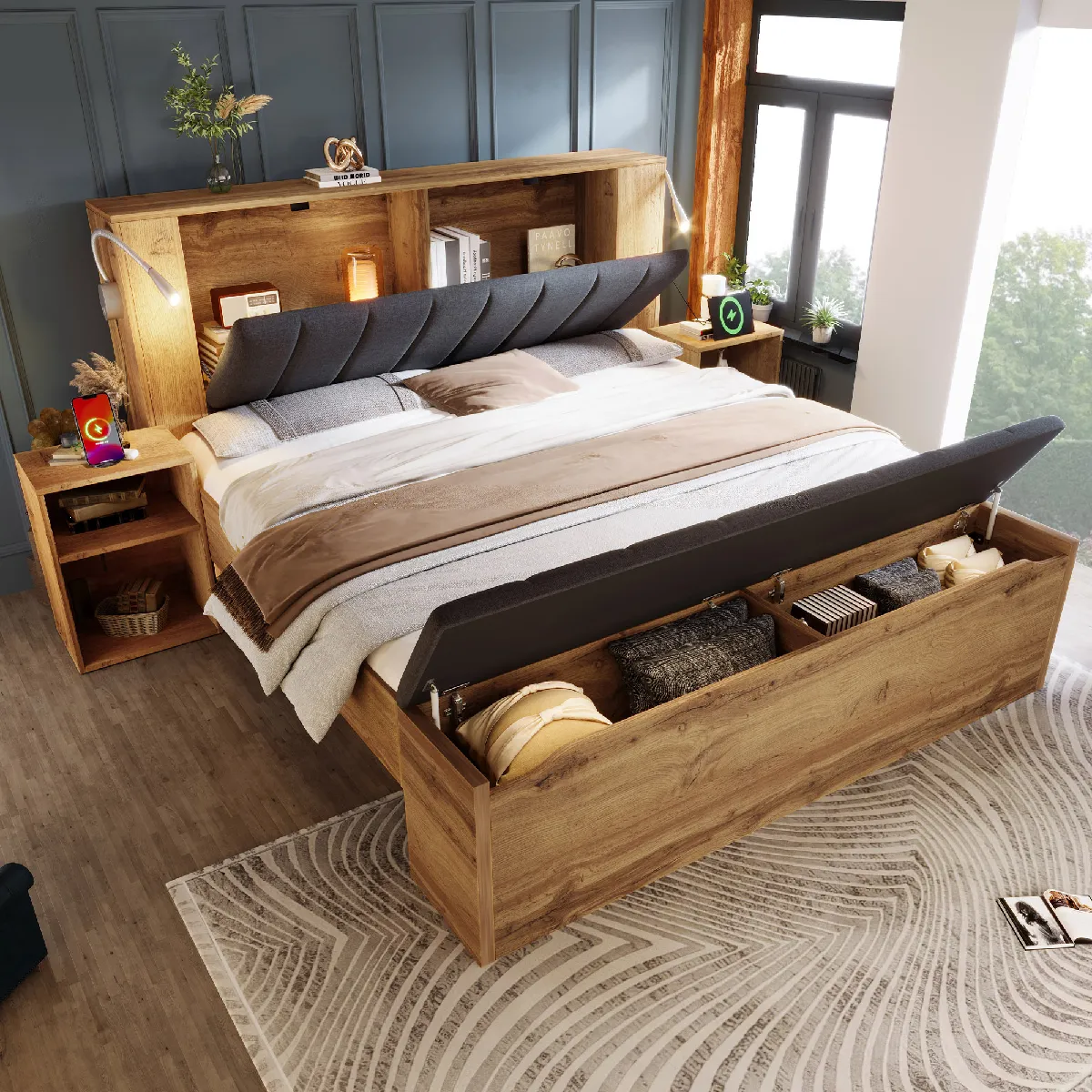 Lit 180x200cm avec tête de lit lin pliable, chevets, banquette rangement, lampes USB,chêne