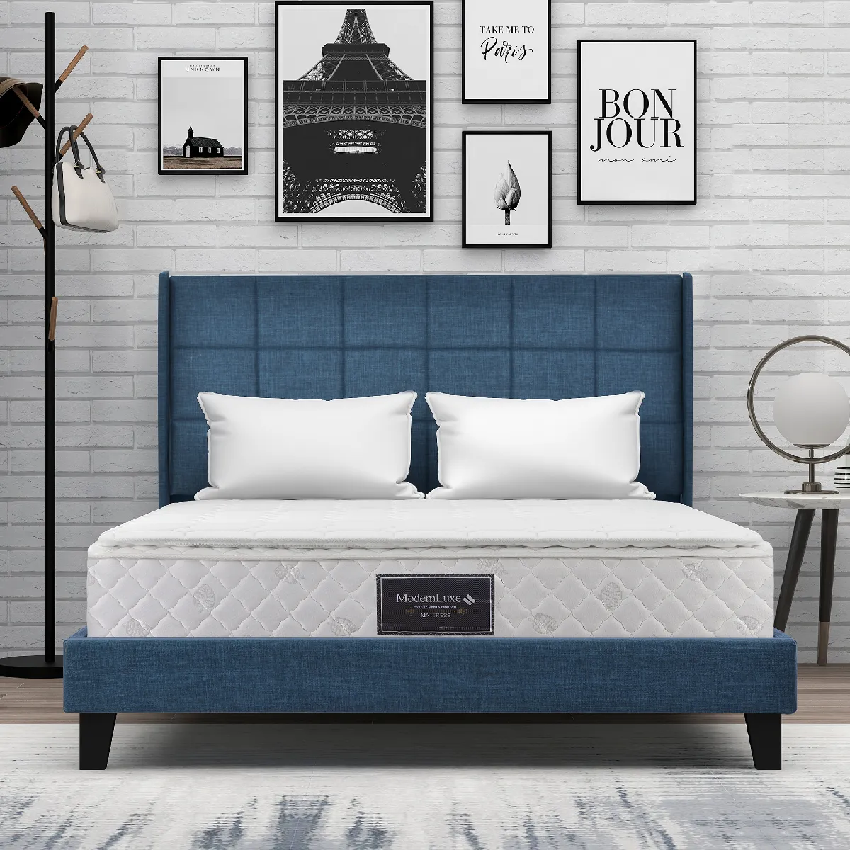 KOMHTOM Lit double 140x200 lin, tête matelassée, sommier + matelas ressorts medium, bleu