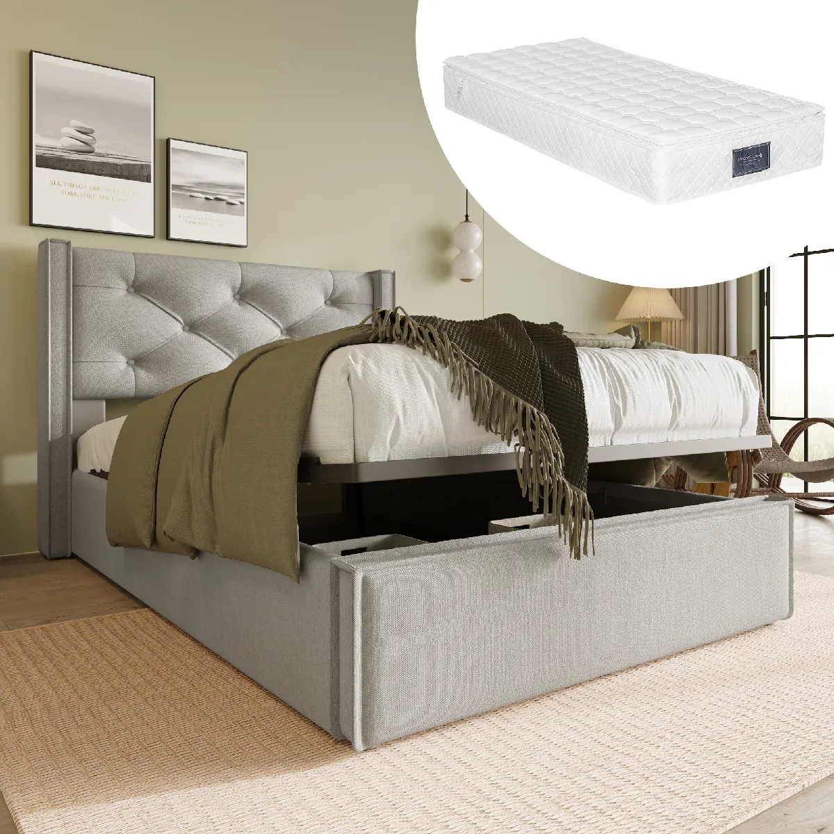 Lit simple 90x200 cm, rangement hydraulique, matelas ressorts inclus, métal, gris clair