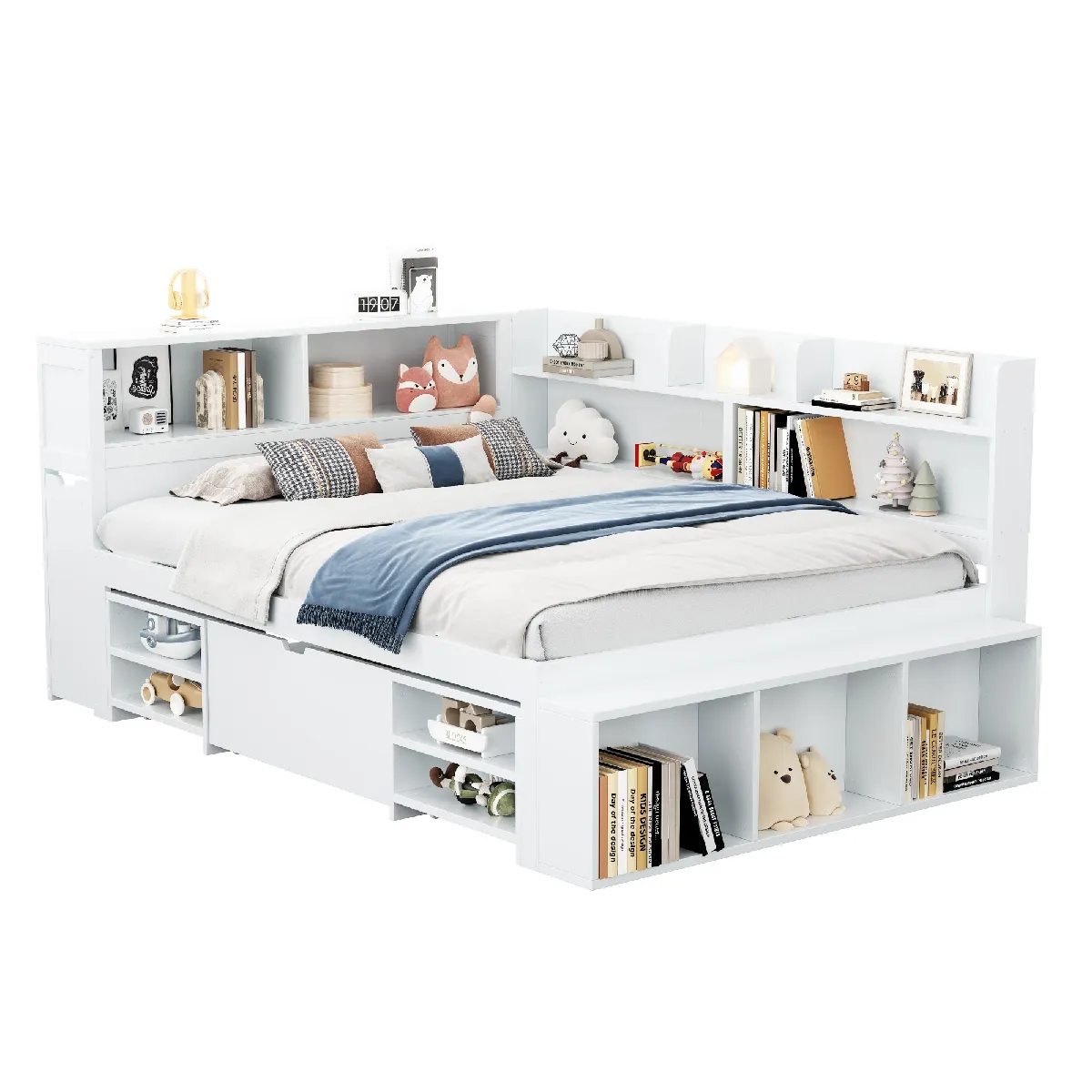 Lit enfant 140x190 -Lit double avec tiroirs, bibliothèque, rangement, sommier lattes, blanc