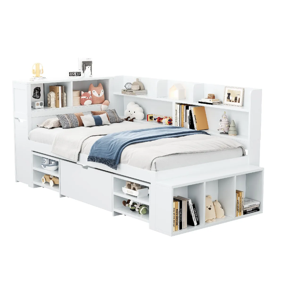 Lit enfant 90x200 - Lit simple avec tiroirs, bibliothèque, rangement, sommier lattes, blanc