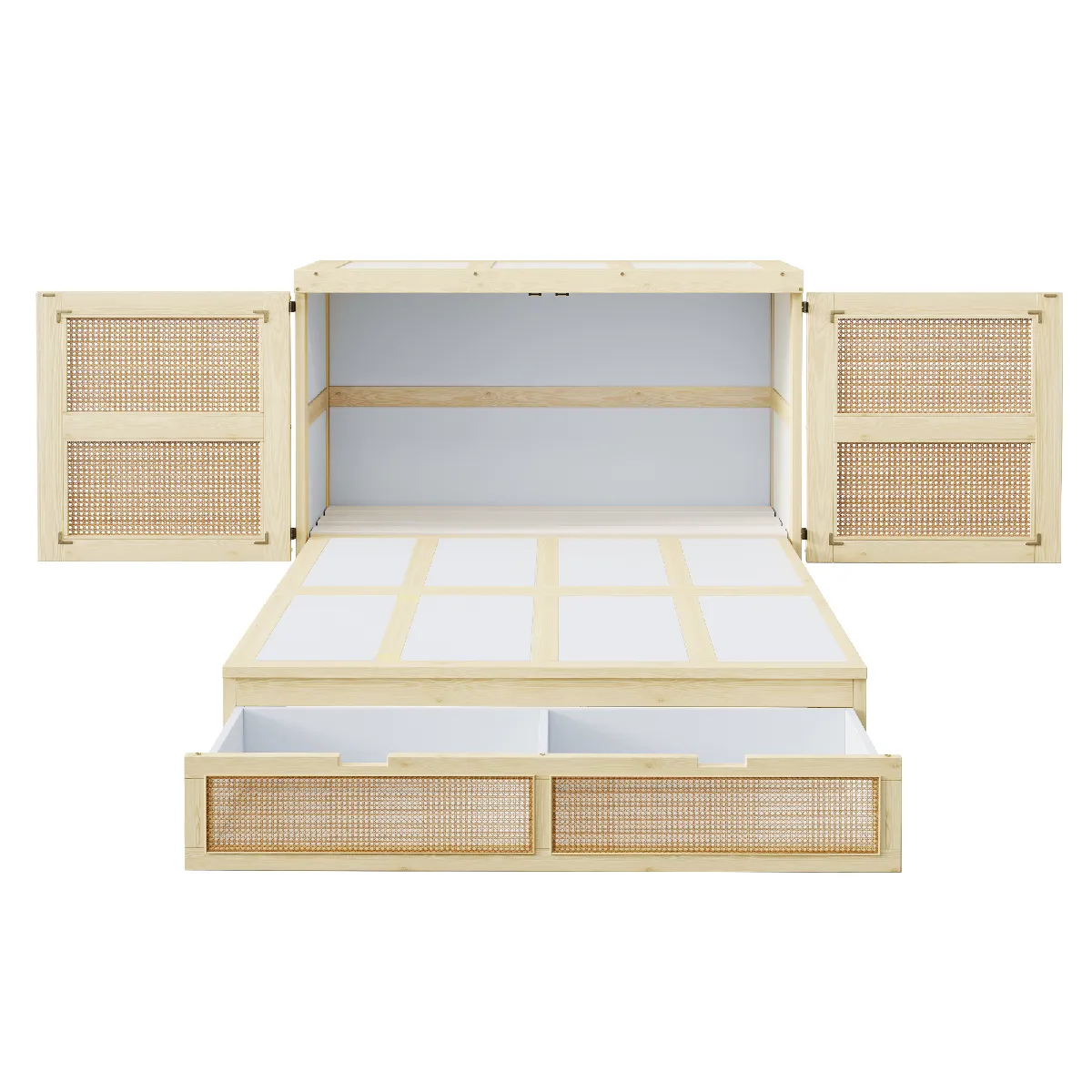 Lit armoire double 140 x 200 - Rabattable vertical, tiroirs, rotin, sommier - Finition bois