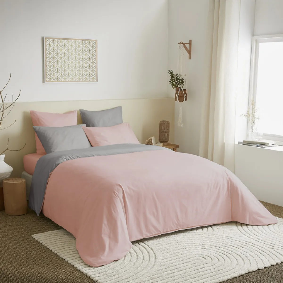 COTON PUR Pack complet 6 pi&egrave;ces Rose/Gris r&eacute;versible housse de couette pour lit 160 x 200 cm