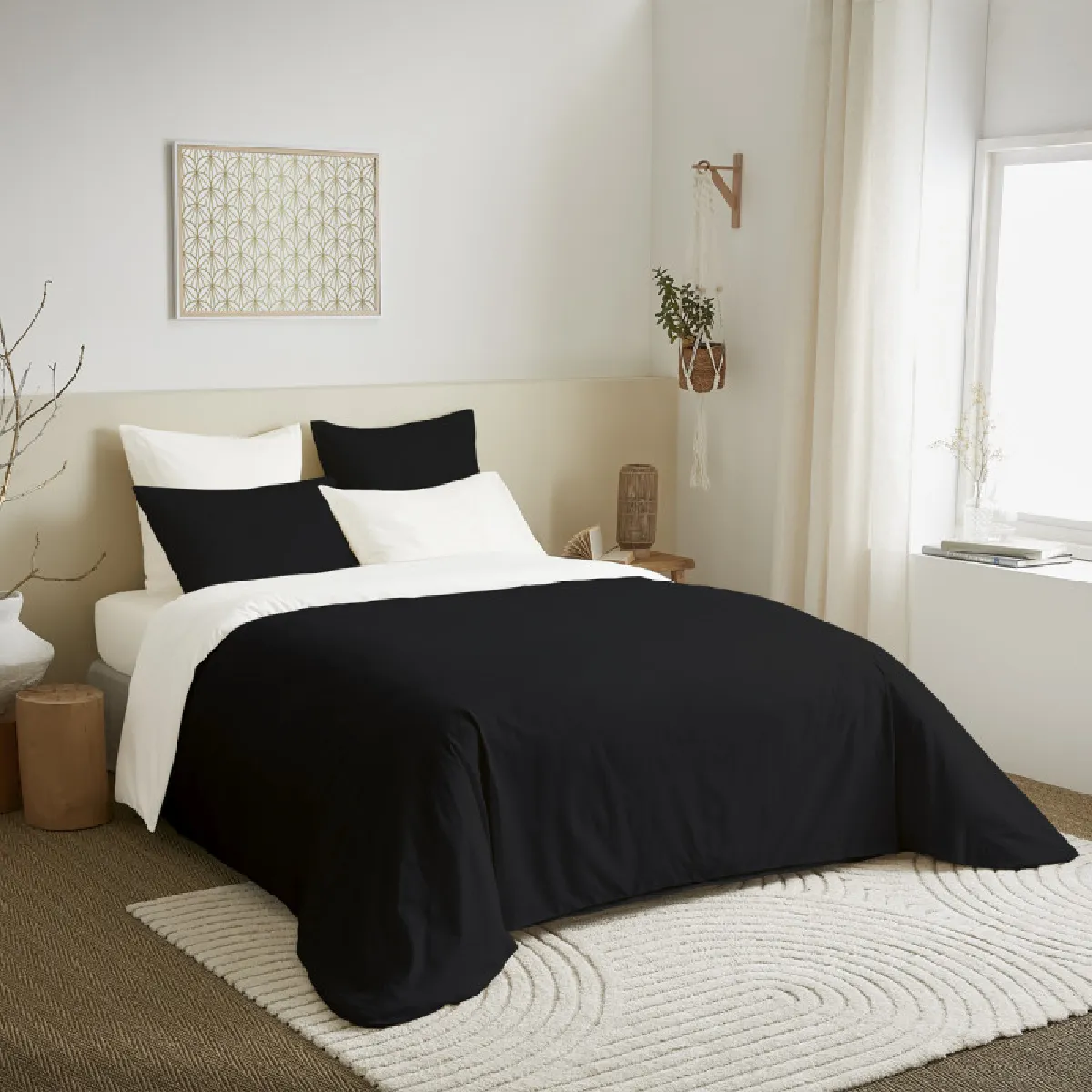 COTON PUR Pack complet 6 pi&egrave;ces Noir/Blanc r&eacute;versible housse de couette pour lit 160 x 200 cm