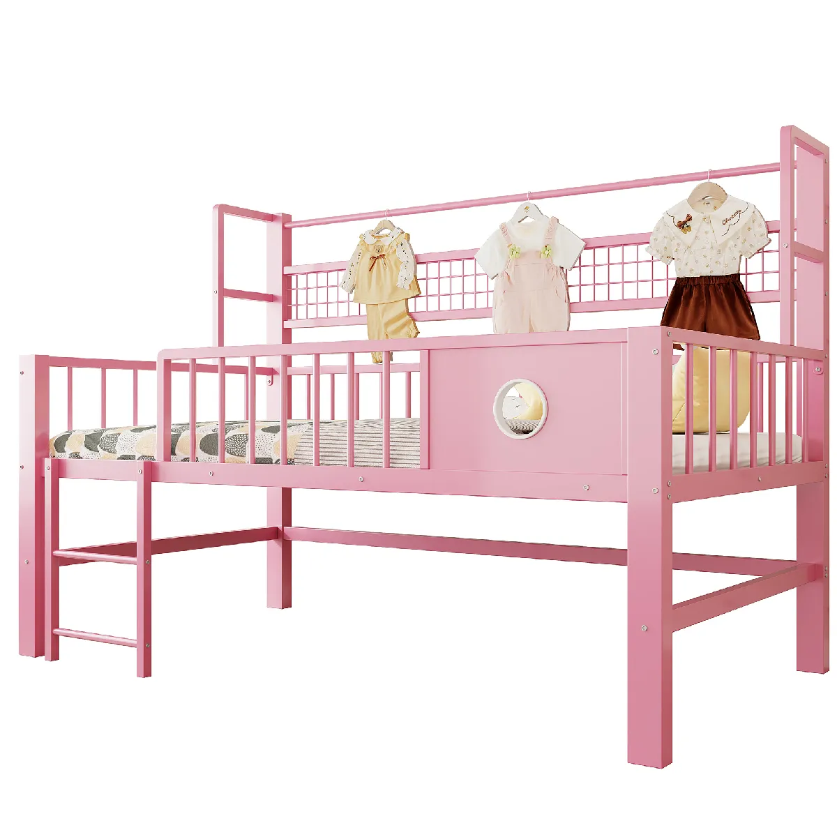 Lit mezzanine enfant 90x200 avec rangement, métal, étagères, gain de place rose