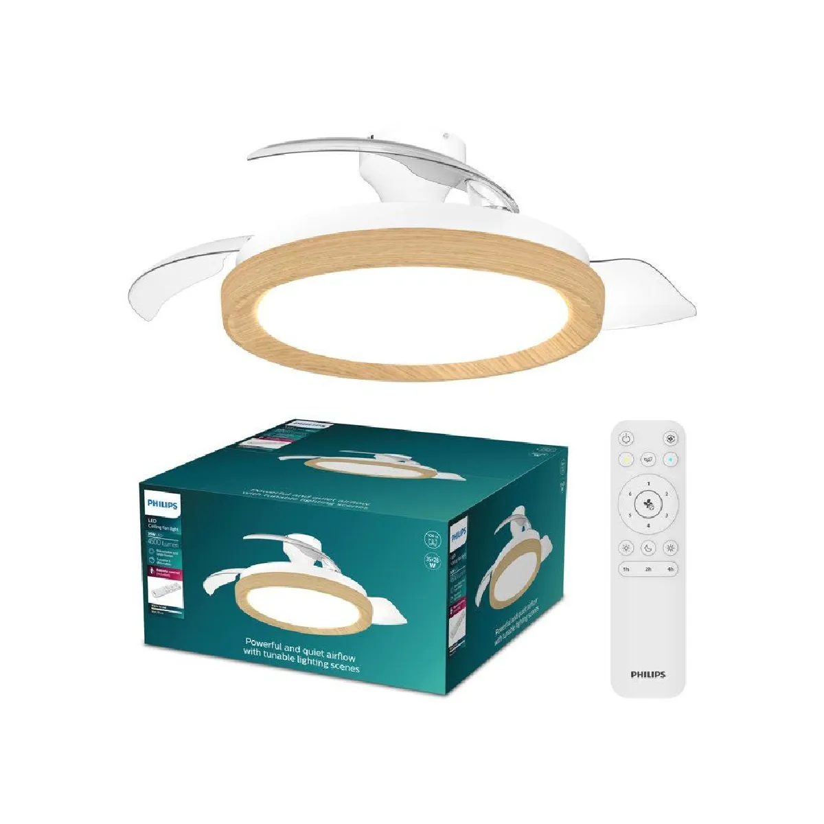 Ventilateur de plafond Philips Bliss Pales rétractables Diamètre 106 cm Bois LED intégrée + télécommande - vue 2