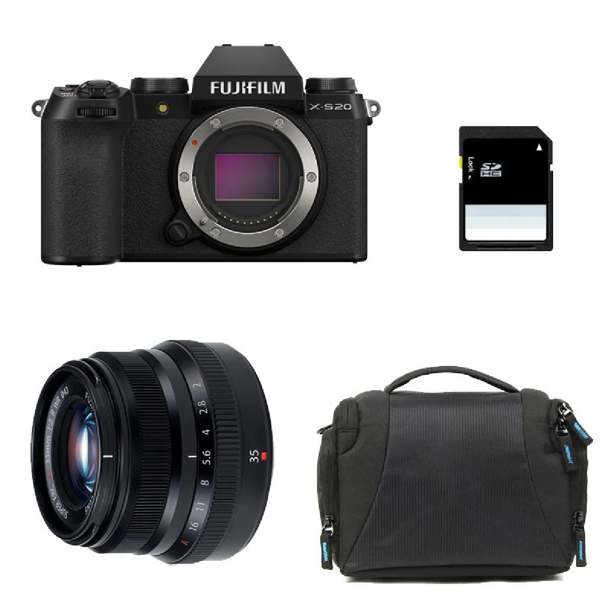 FUJIFILM X-S20 NOIR + 35mm f/2 WR + Sac + Carte SD 8 Go