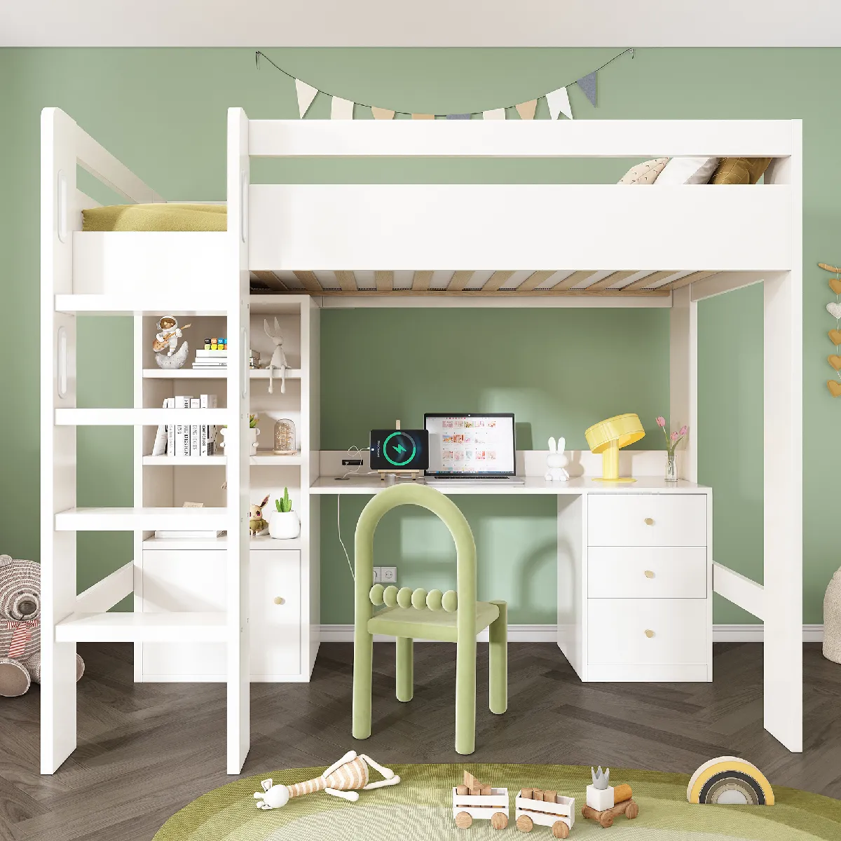 Lit enfant 90x200cm, bureau USB-C, placard, armoire 3 tiroirs, échelle EN747, blanc