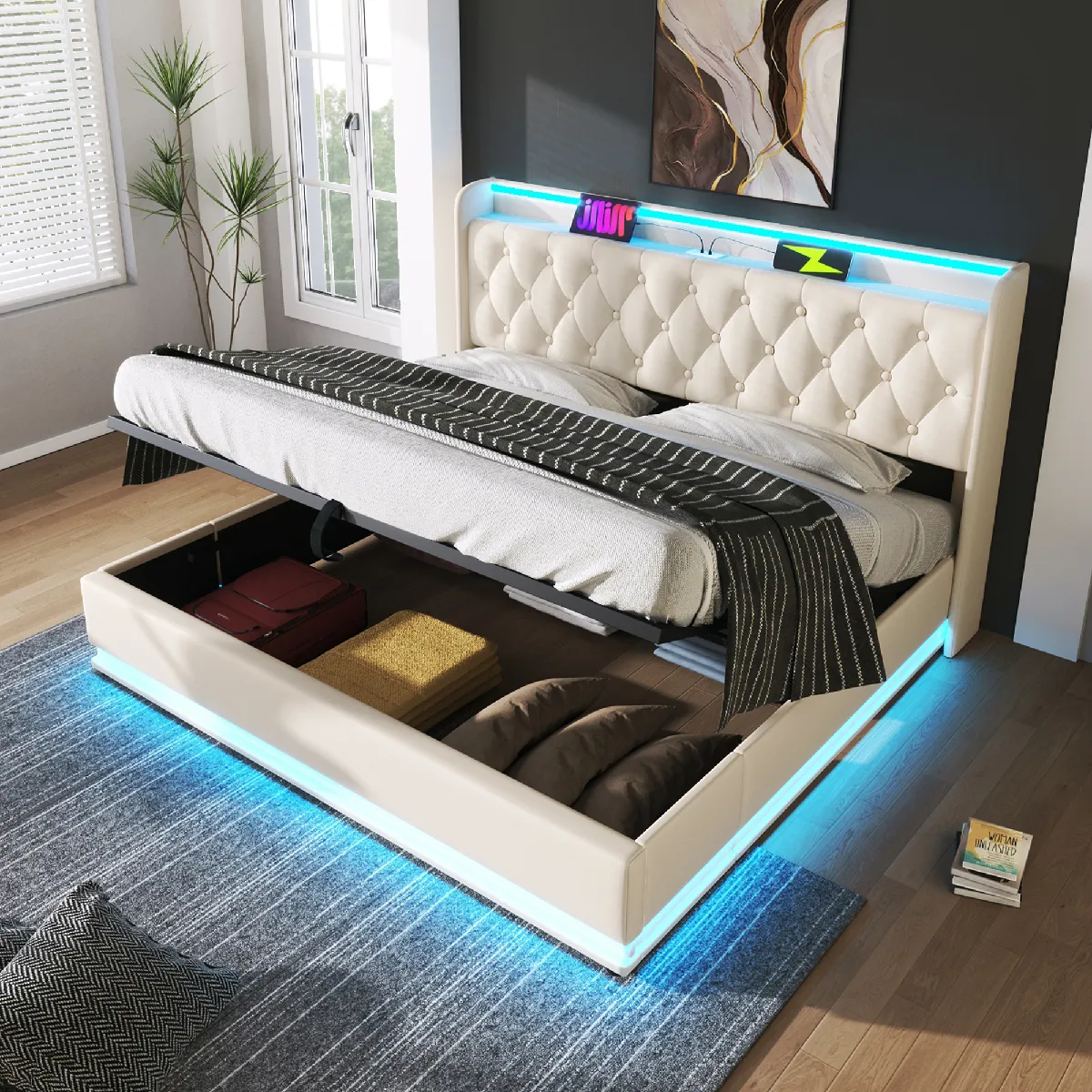 Lit double 180x200 LED 360 USB-C, rangement hydraulique, cadre fer, sommier inclus, blanc