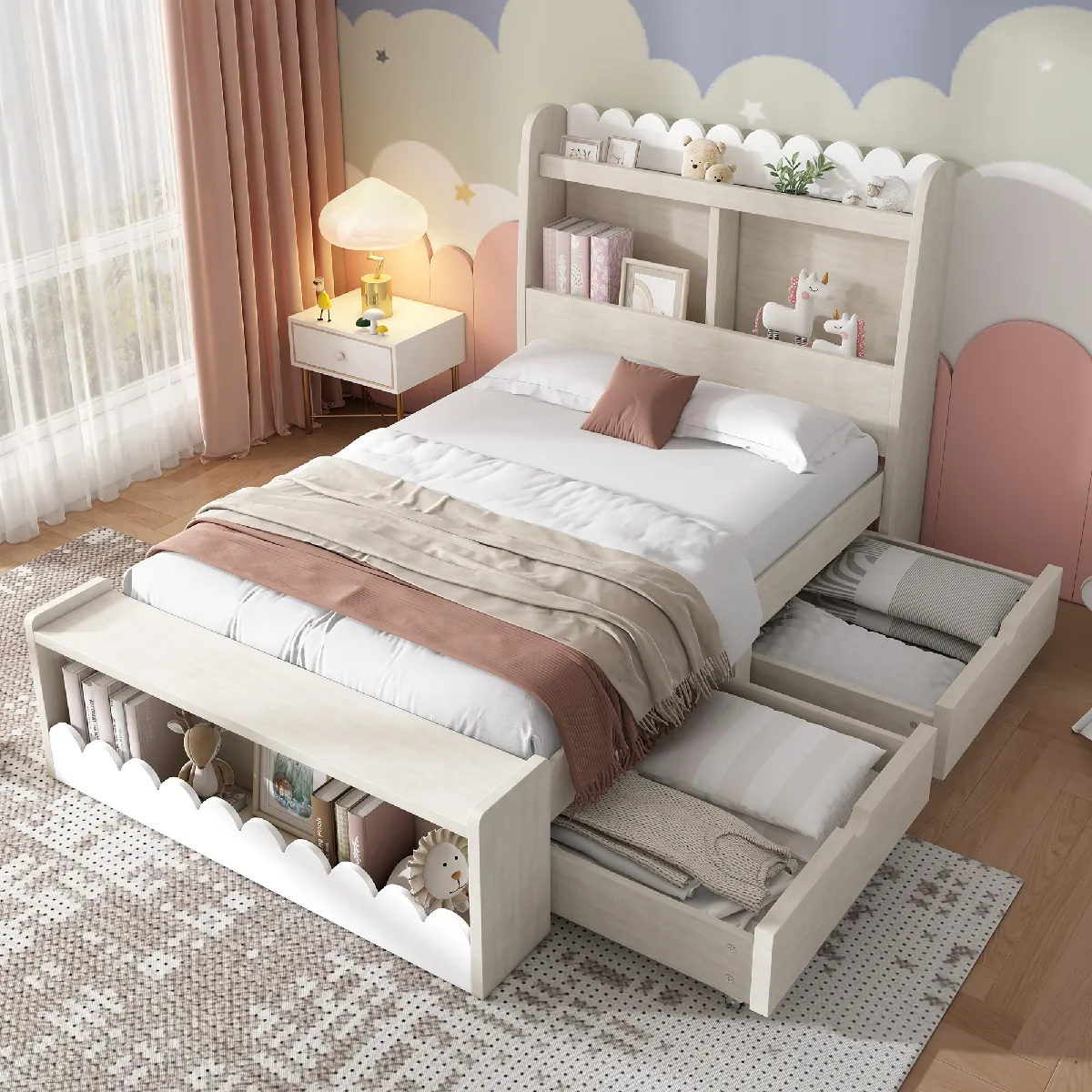 Banquette lit enfant 90x190 chêne massif, 2 tiroirs 50cm, rangement, ondulée, blanc
