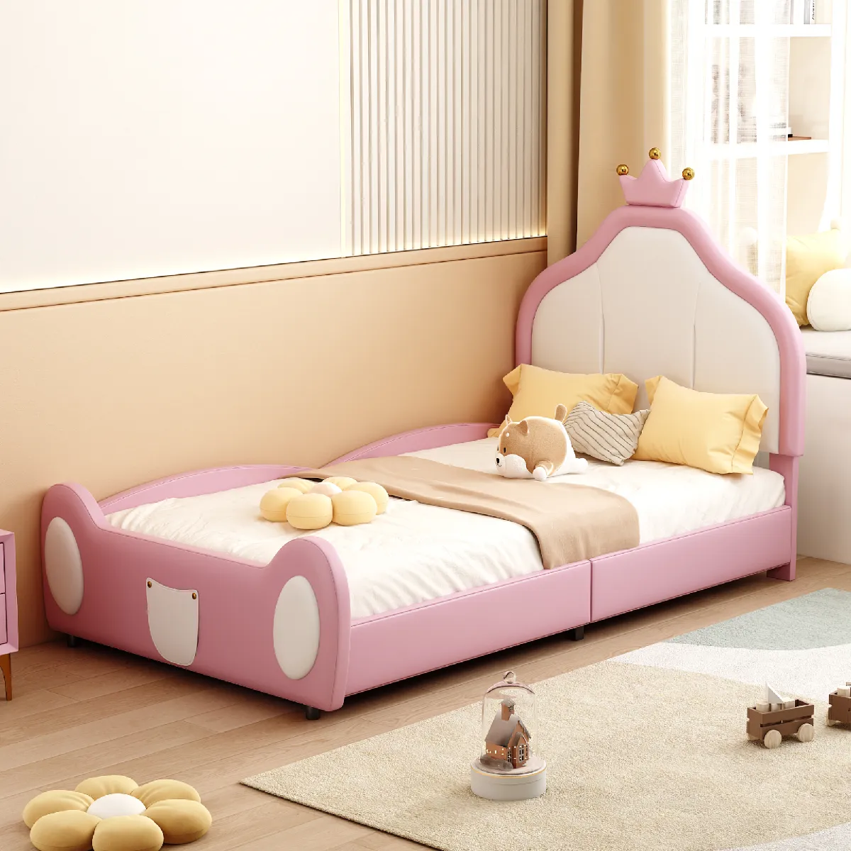 Lit enfant capitonné 90x200 cm, bicolore rose, cuir PU, design princesse, 200 kg