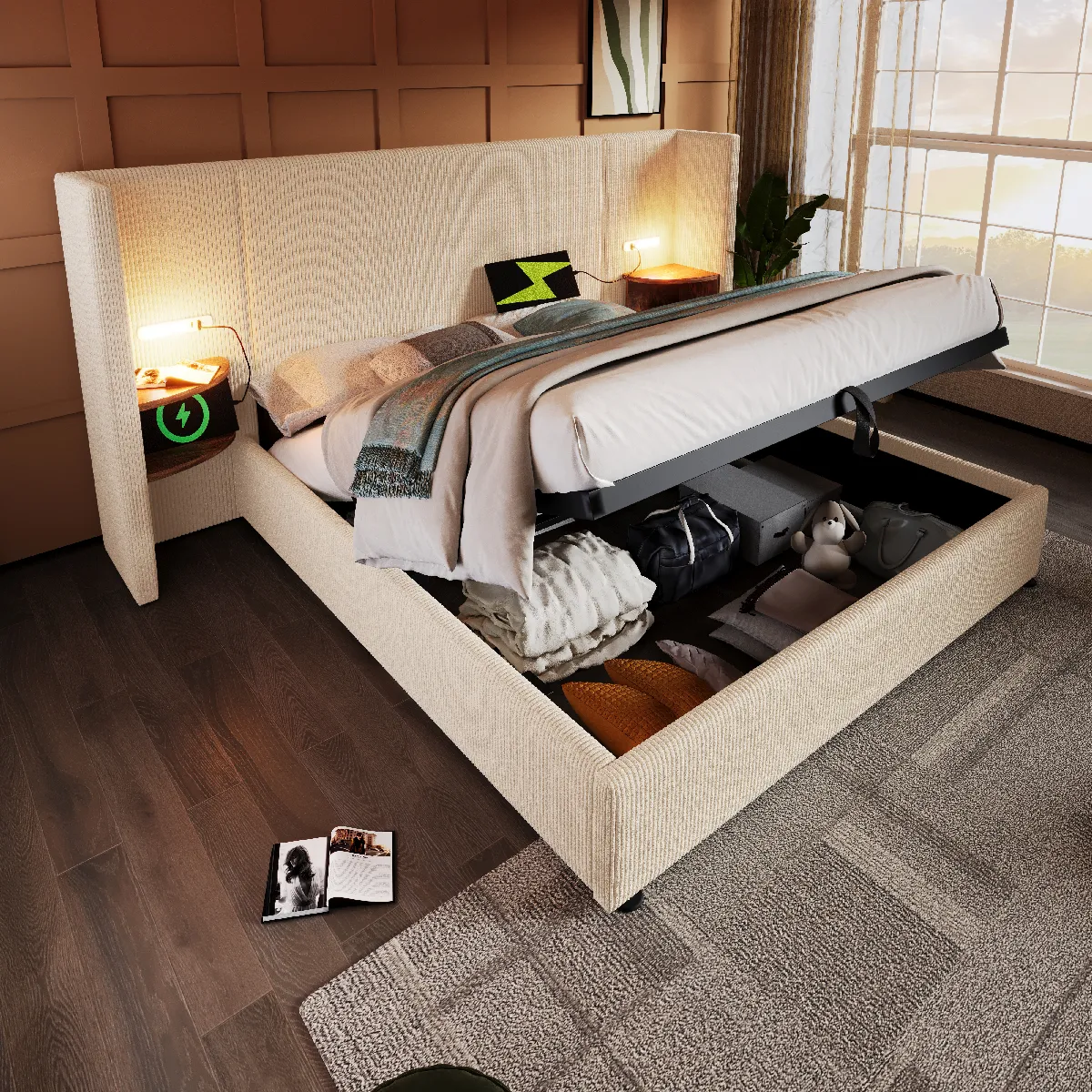 Ensemble lit 180x200 cm, 2 tables de nuit, lampe USB-C, rangement hydraulique, beige