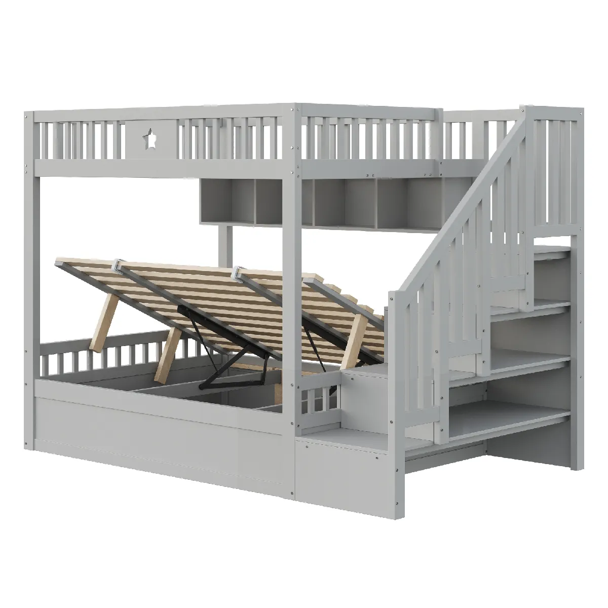 Lit Superposé enfant 140x200 en bois pin, coffre hydraulique, étagères et rangement,gris