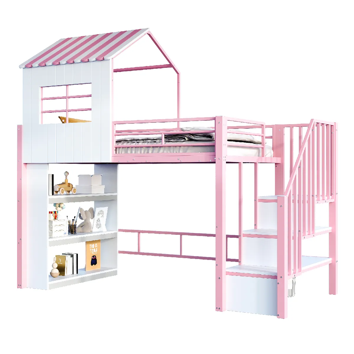 Lit Mezzanine Cabane 90x200 métal rose, escalier sécurisé, rangement, étagères multiples