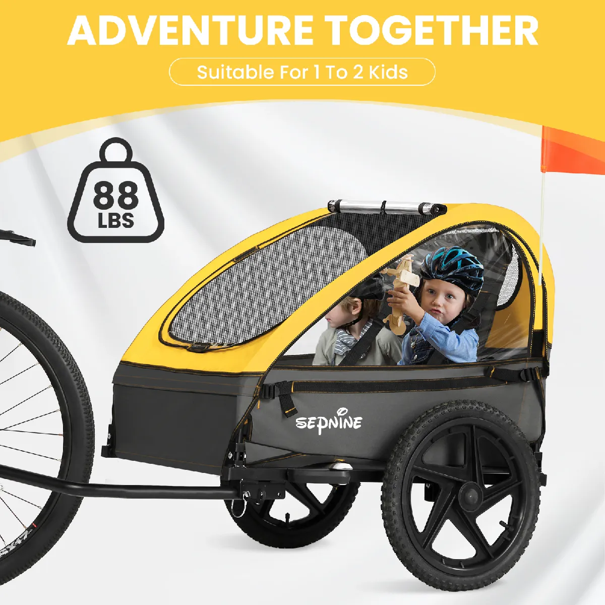 Remorque pour vélo-Fenêtres en maille -Pour deux personnes - Capacité 40kg - 76x133x87 cm