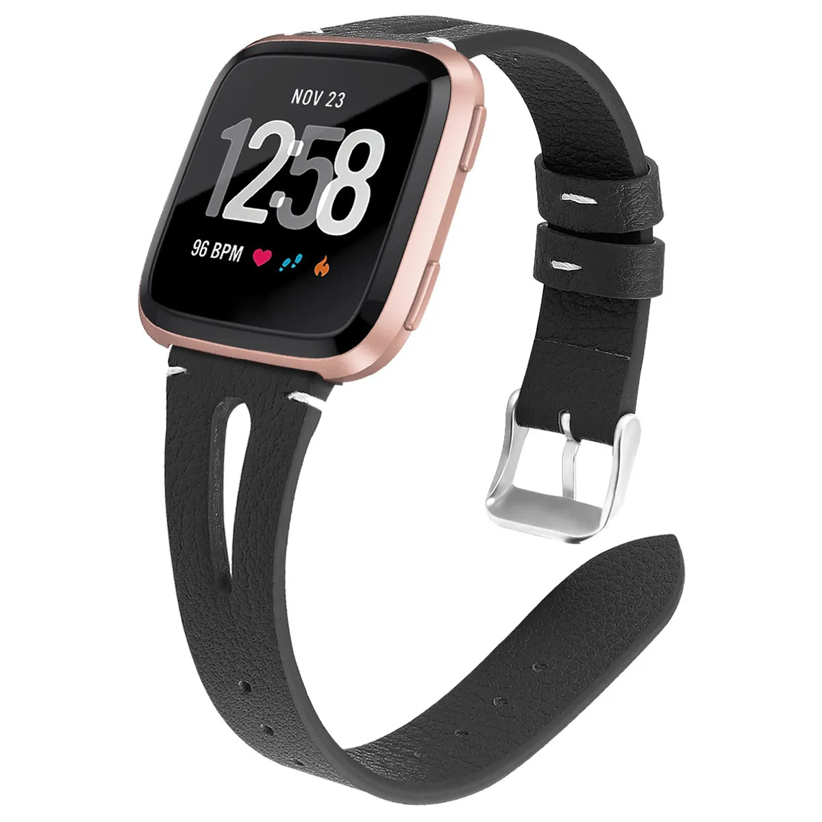 Inf Noir Bracelet De Montre En Cuir De Vachette Pour Fitbit Versa