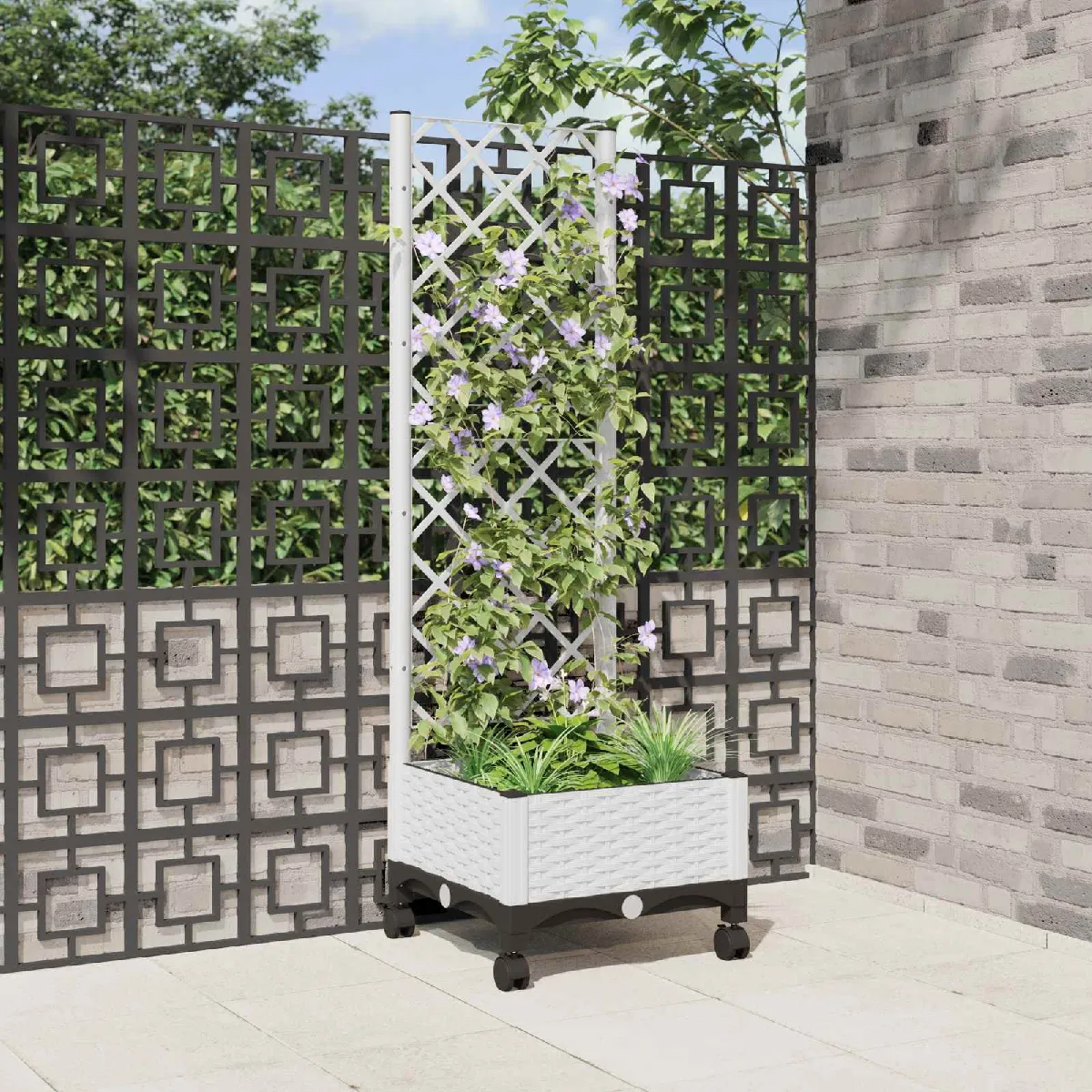 vidaXL Bac de jardin avec treillis et roues Blanc 40 x 40 x 131,5 cm