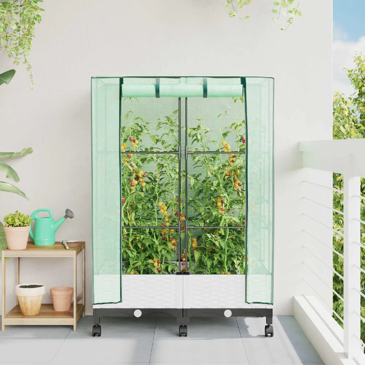 vidaXL Jardinière de jardin avec couverture de serre et roues 2 pc PP