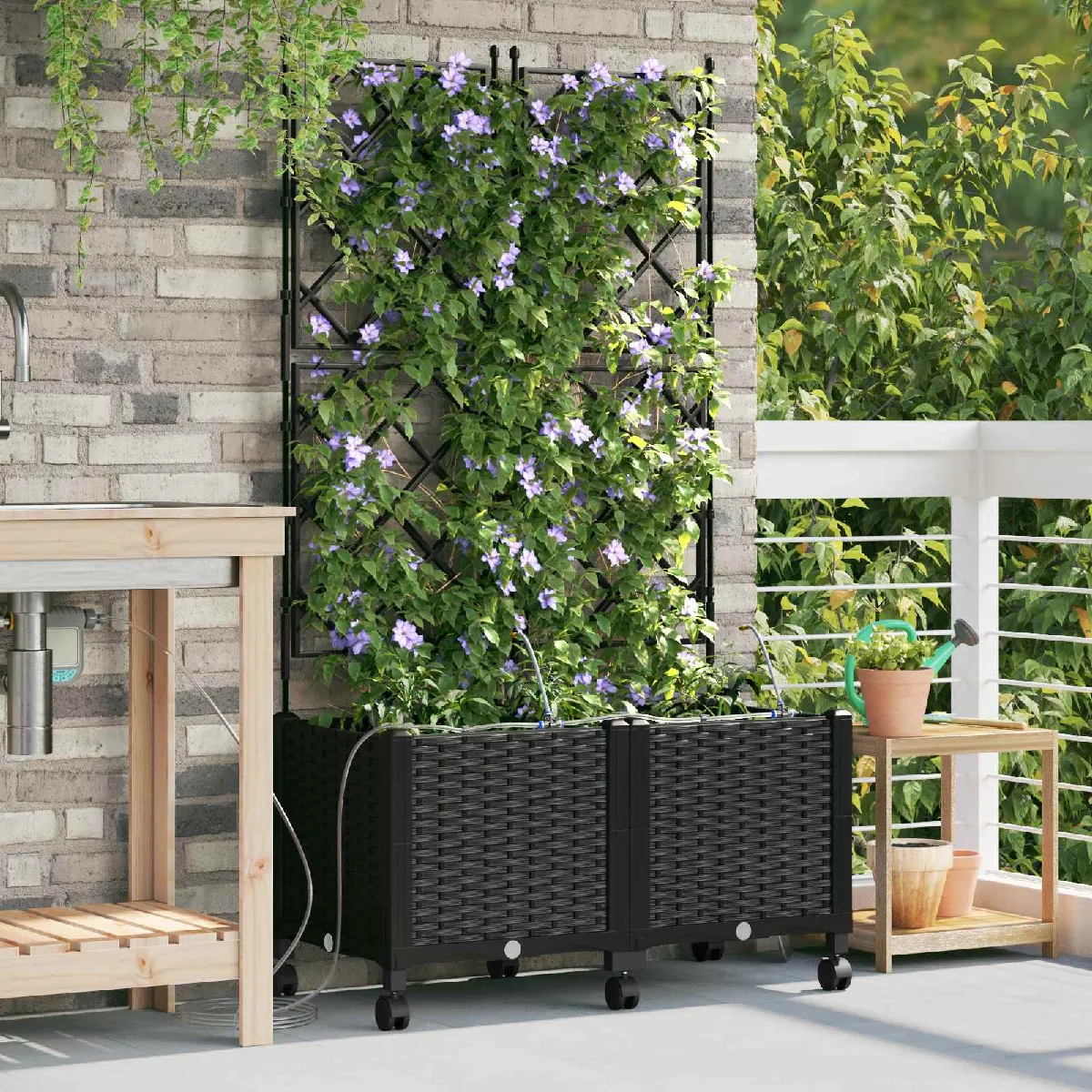 vidaXL Porte-plante de jardin avec irrigation et roues 2 pc Noir PP