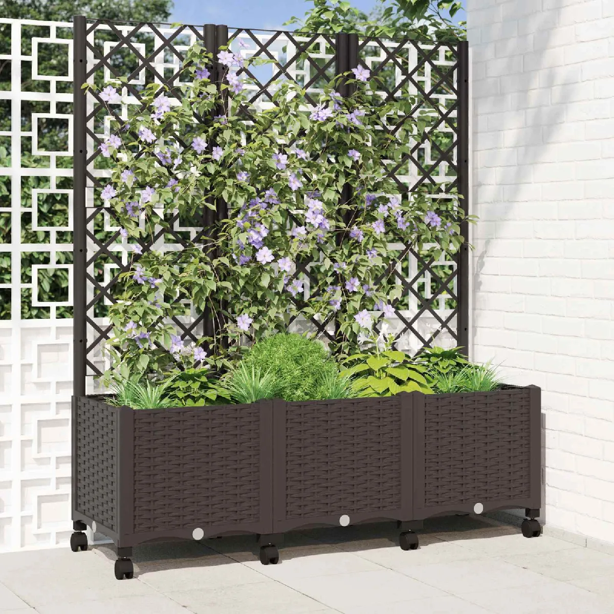 vidaXL Bac de jardin avec treillis et roues Marron 120 x 40 x 146 cm