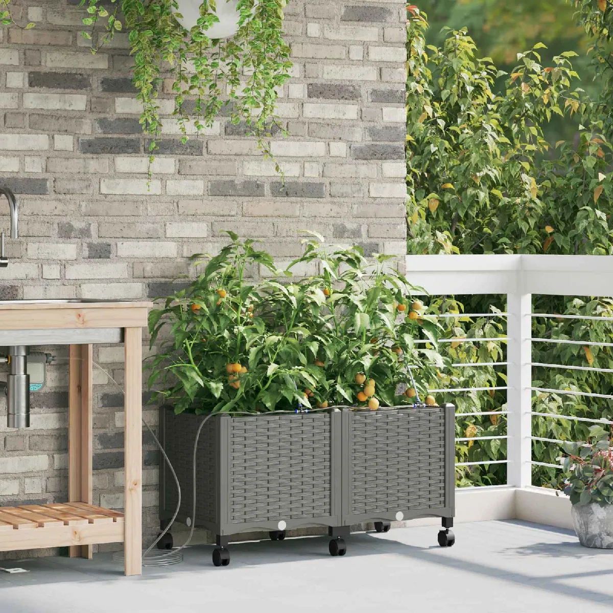 vidaXL Porte-plante de jardin avec irrigation et roues 2 pc Gris clair