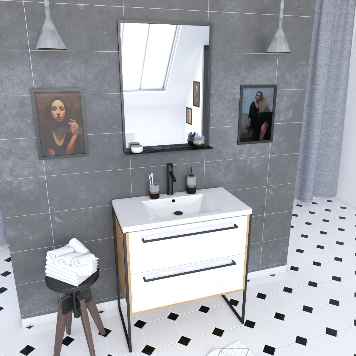 AURLANE Ensemble de salle de bain blanc 80cm+ vasque en resine blanche 80x50 + tiroirs blanc mat + mirroir