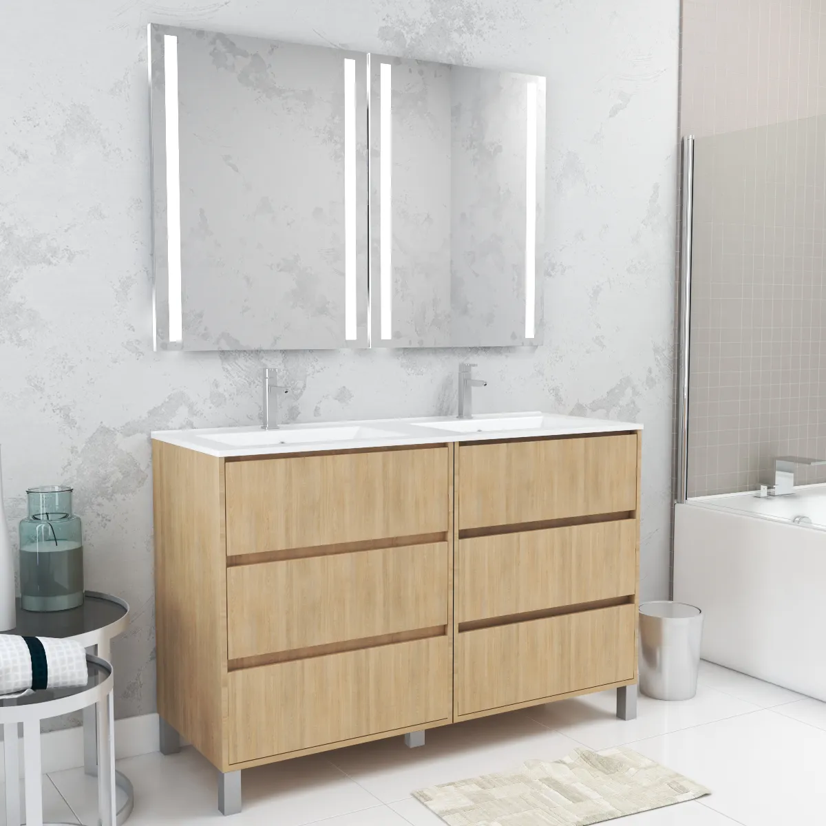Meuble Salle de Bains 120 cm Chêne Clair 6 Tiroirs, Vasque, Miroirs 60x80 à Leds intégrées - XENOS