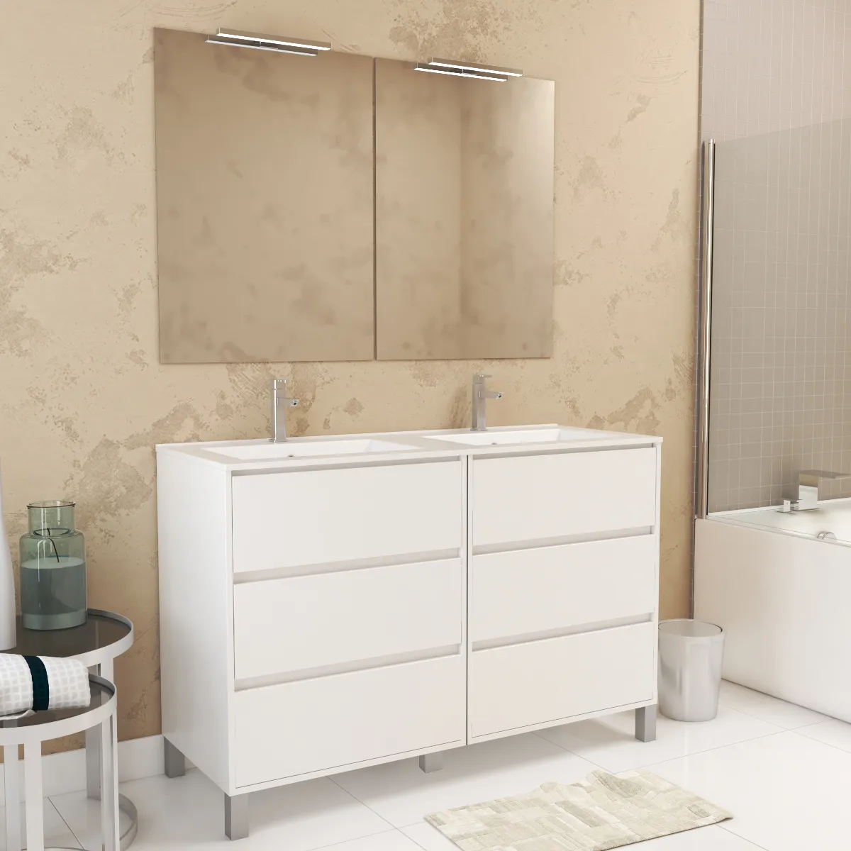 Meuble Salle de Bains 120 cm Laqué Blanc 6 Tiroirs, Vasque, Miroirs 60x80 et Réglettes Led - XENOS