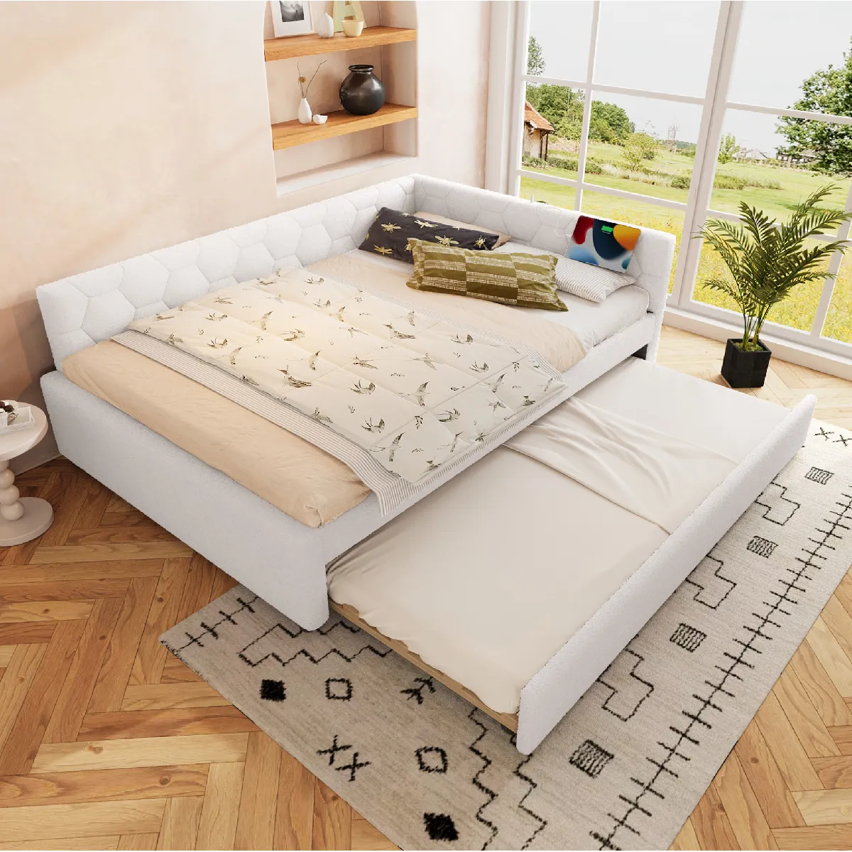 MODENVIE Lit Banquette 140x200 cm  avec lit gigogne USB Type C Blanc