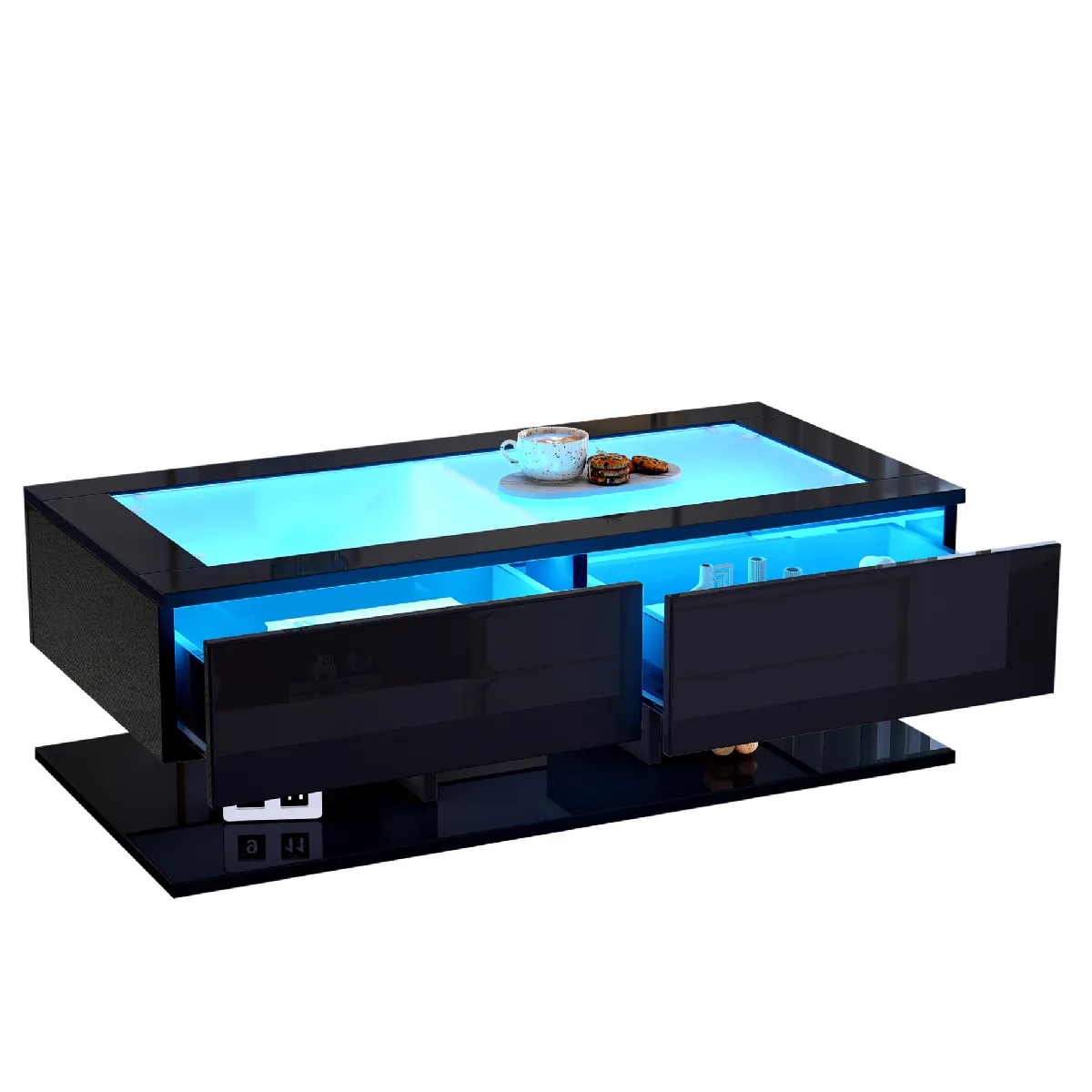Table basse 100/50/35 cm noire en panneaux de particules avec LED et verre
