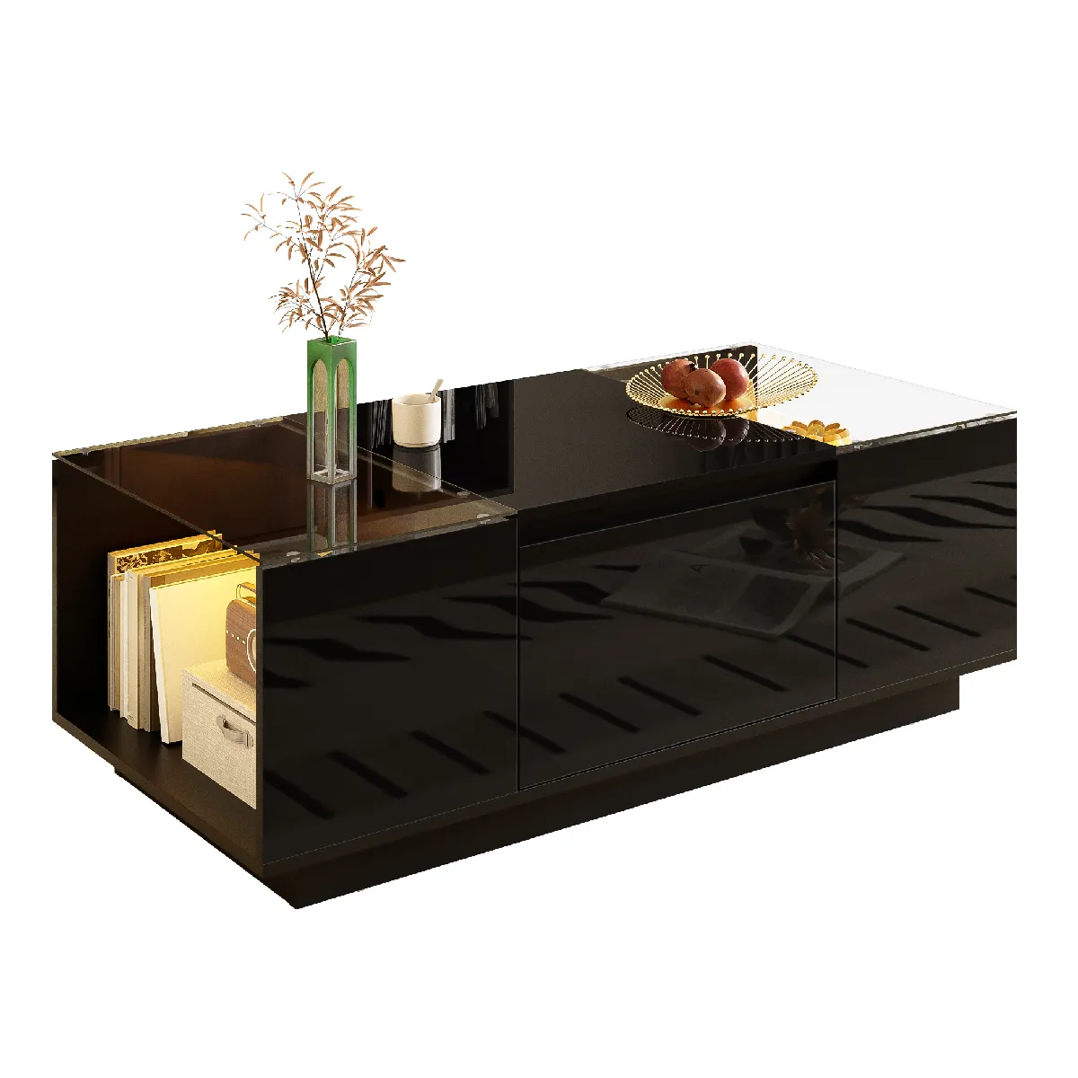Table basse 105/50/35 cm noire en panneaux de particules avec LED et rangements