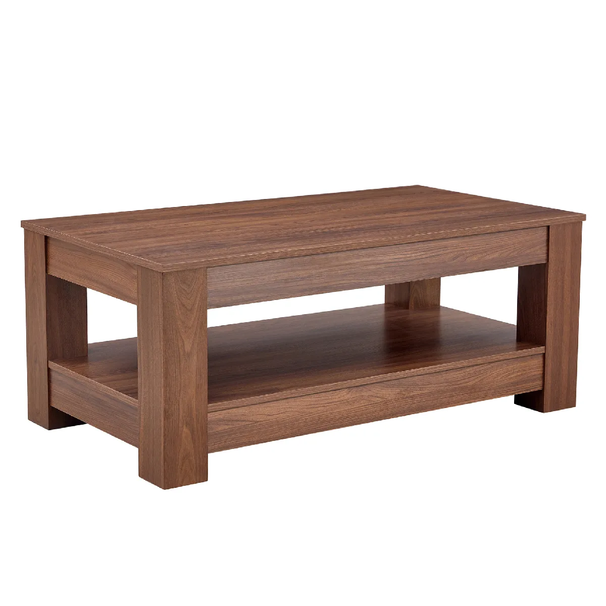 Table basse noyer en MDF avec rangement double niveau