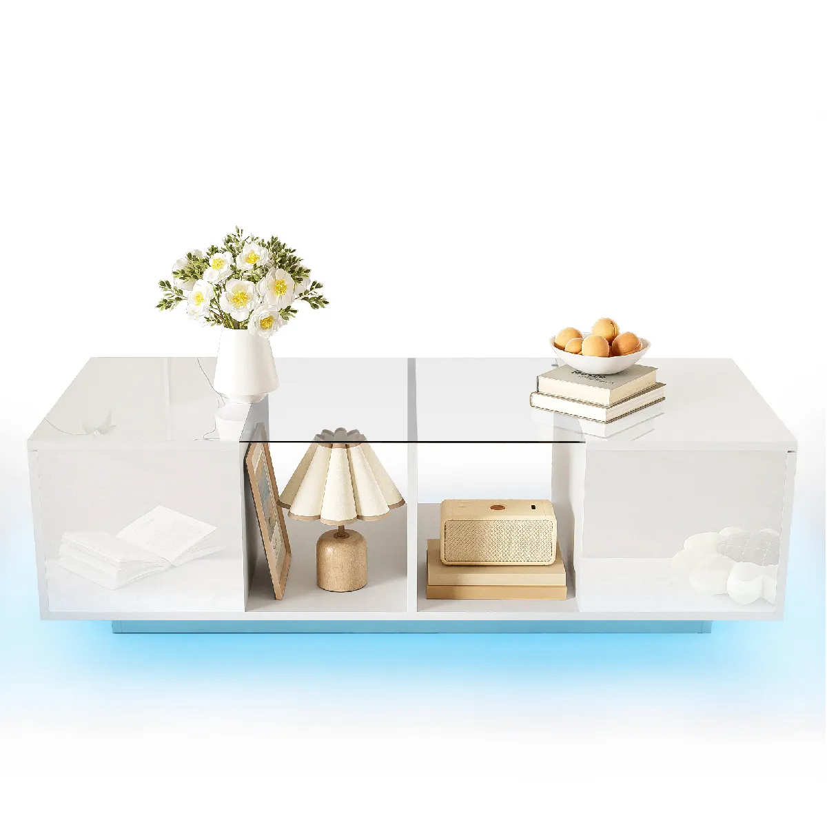 Table basse 120/50/38,5 cm blanche en verre MDF et panneaux de particules avec LED