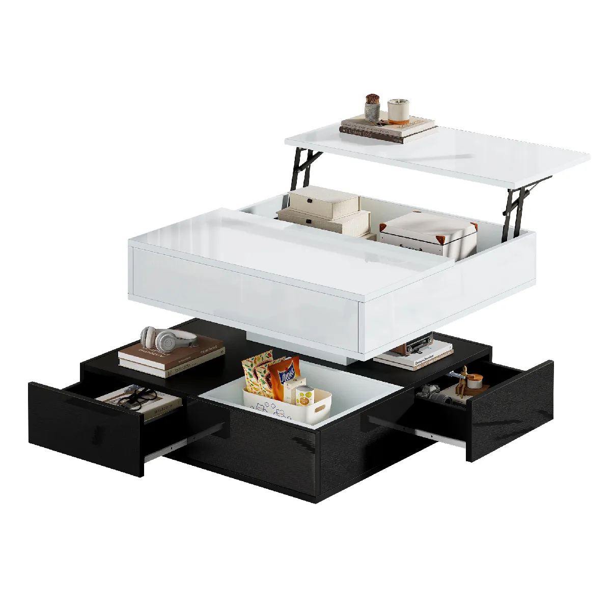 Table basse 70/70/40 cm noir et blanc en panneaux de particules relevable rotative