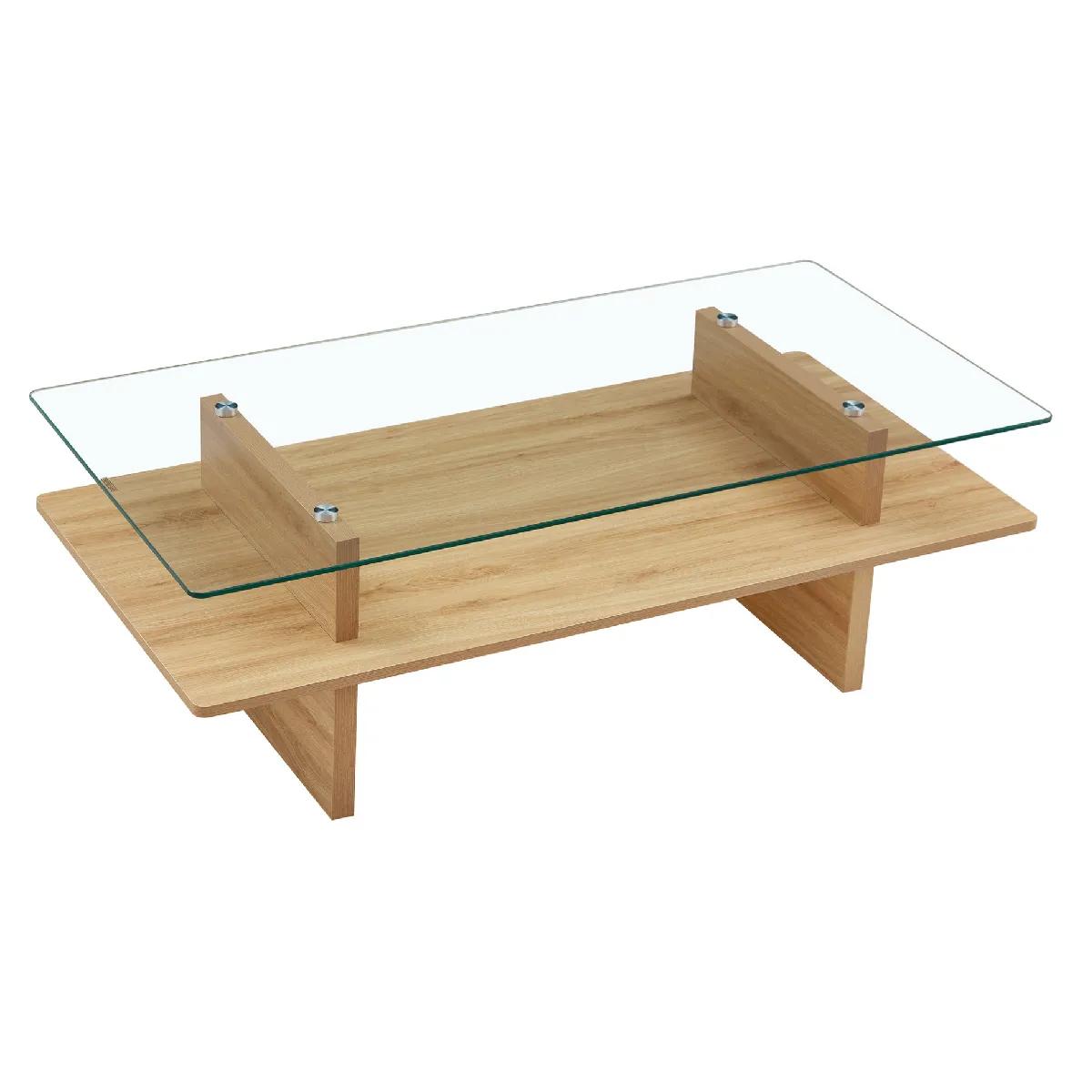 Table basse bois en MDF avec plateau en verre trempé et rangement à deux niveaux