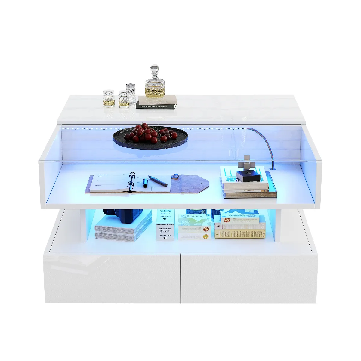 Table basse 80/80/45 cm blanche en panneaux de particules avec LED et plateau relevable