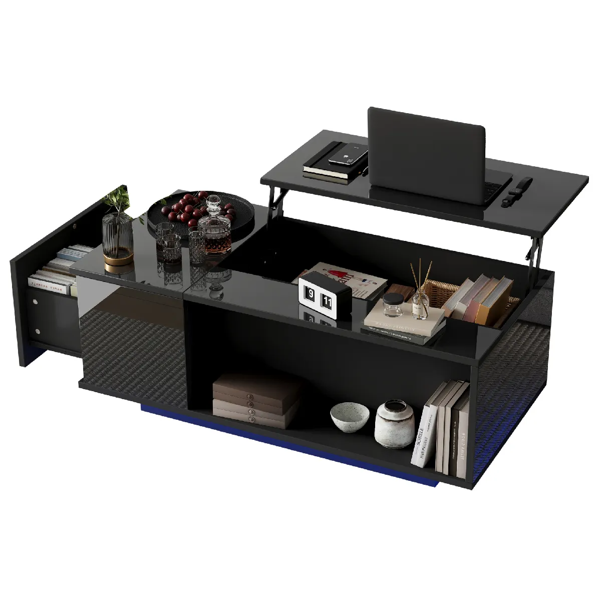 Table basse 100/50/40 cm noire en panneaux de particules avec plateau relevable LED