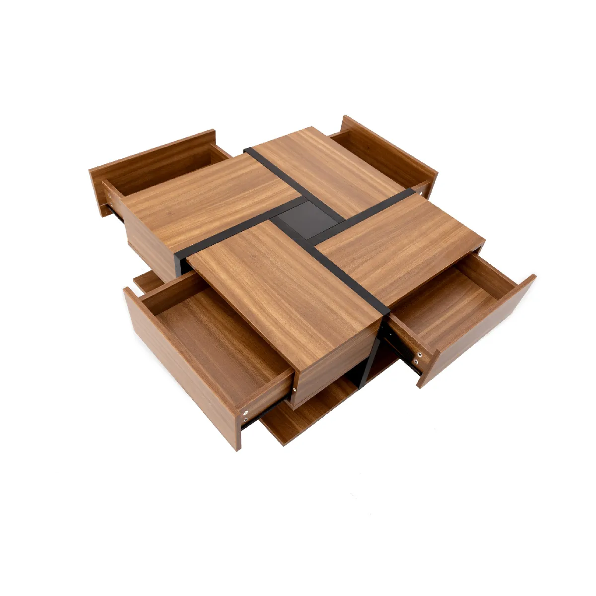 Table basse 78/78/36 cm noir et bois en panneaux de particules avec 4 tiroirs