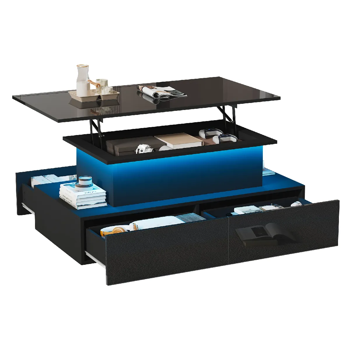 Table basse 90/55/41 cm noire en panneaux de particules avec LED et 4 tiroirs