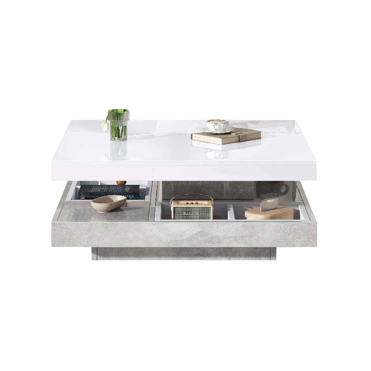 Table basse 70/70/36 cm blanc et marbre en panneaux de particules pivotante
