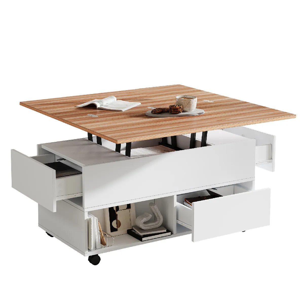Table basse 100/50/52 cm blanc et chêne en panneaux avec plateau relevable