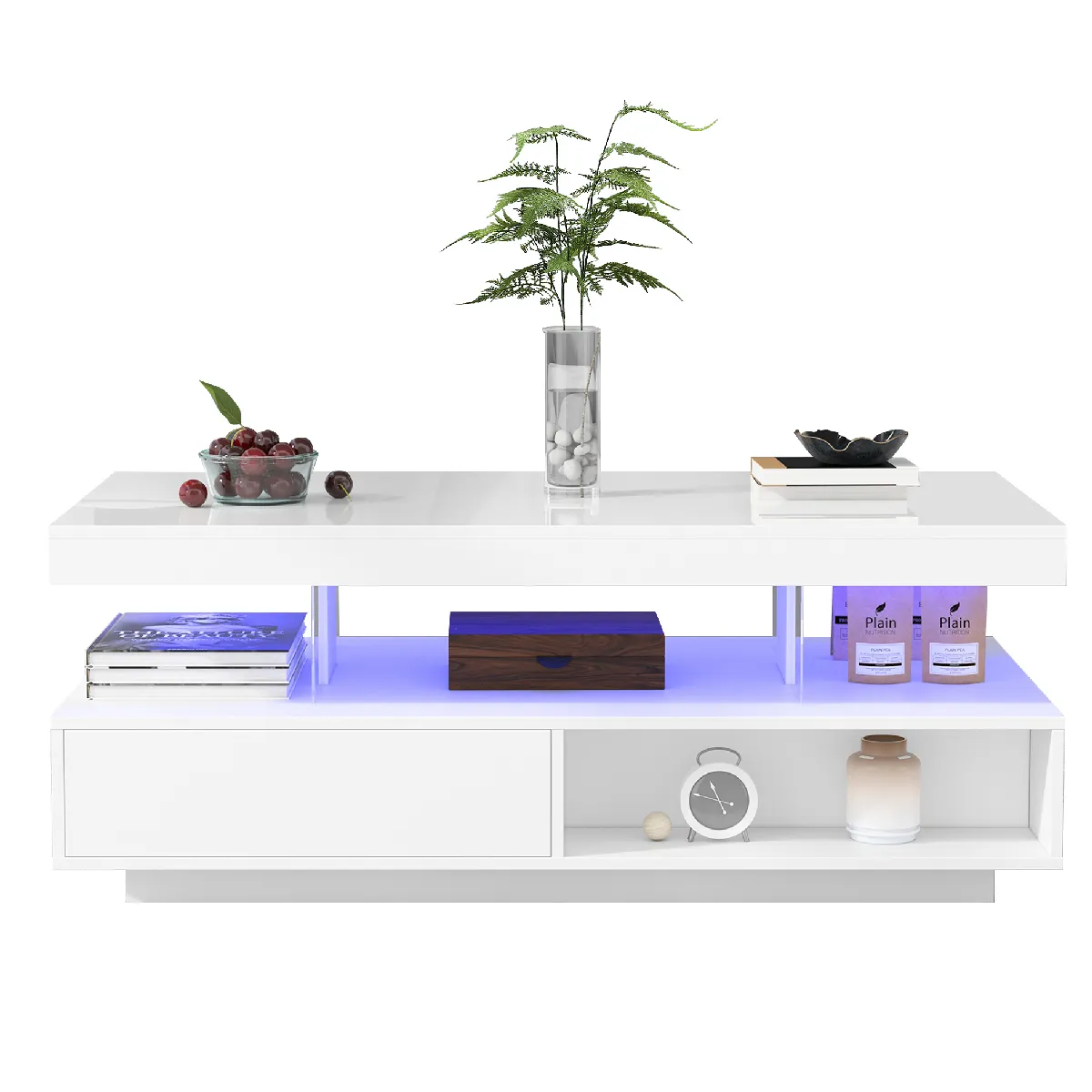 Table basse 95/50/42,5 cm blanche en panneaux de particules avec LED et rangements