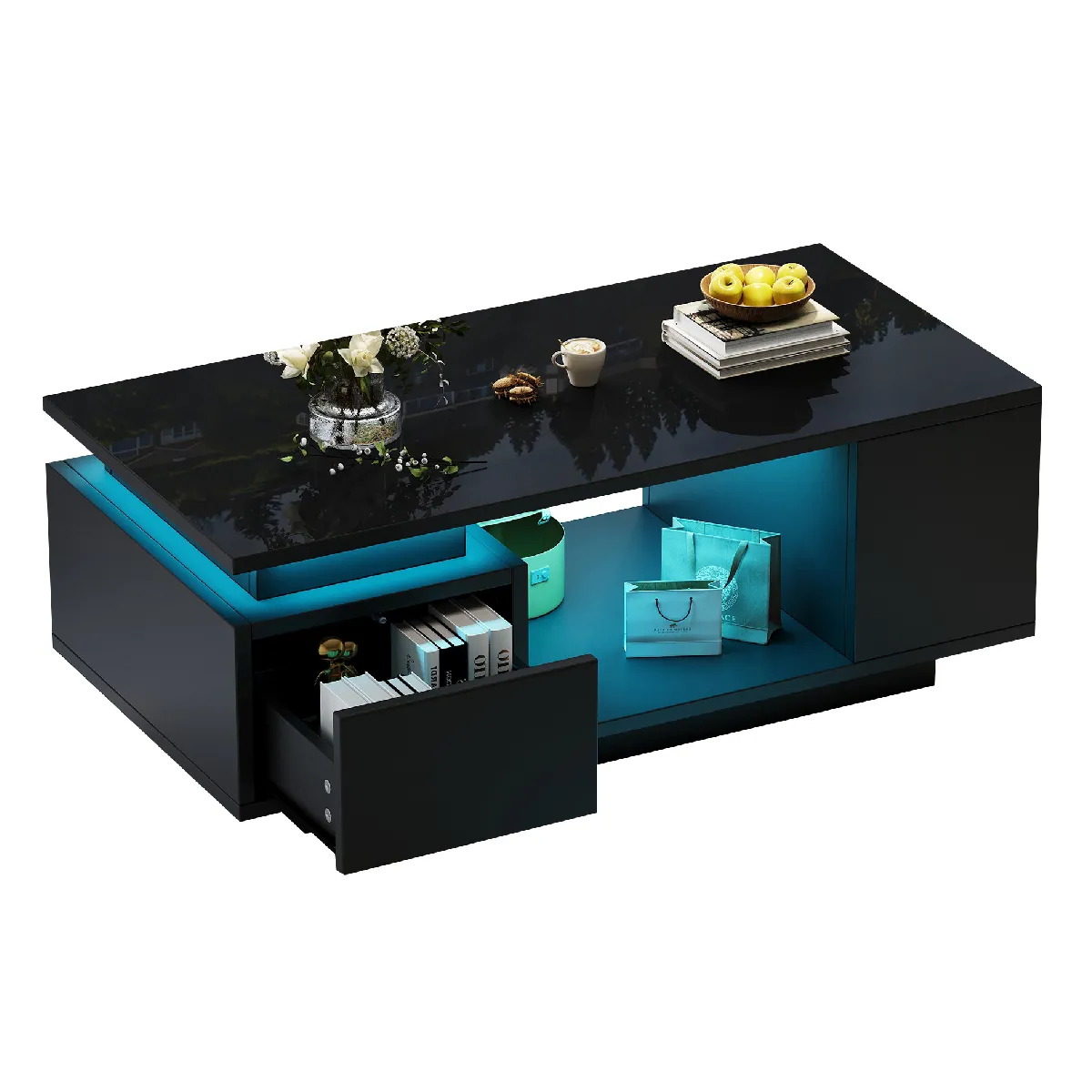Table basse 100/50/36 cm noire en panneaux de particules avec LED et rangement