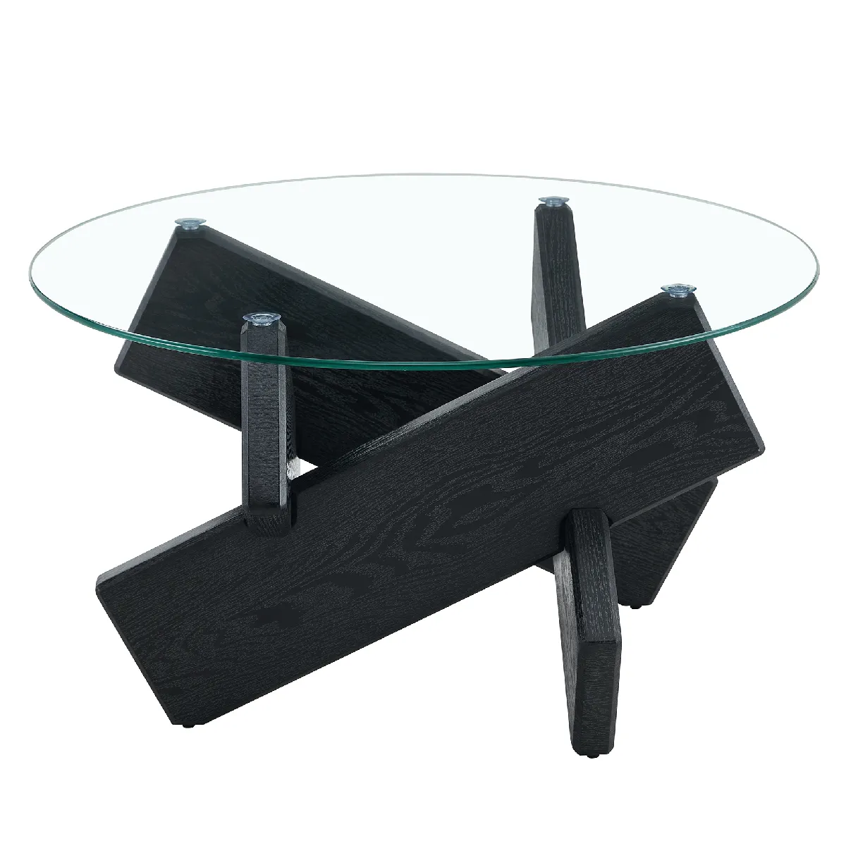 Table basse ronde 79/79/45 cm noir transparent en MDF et verre avec piètement croisé