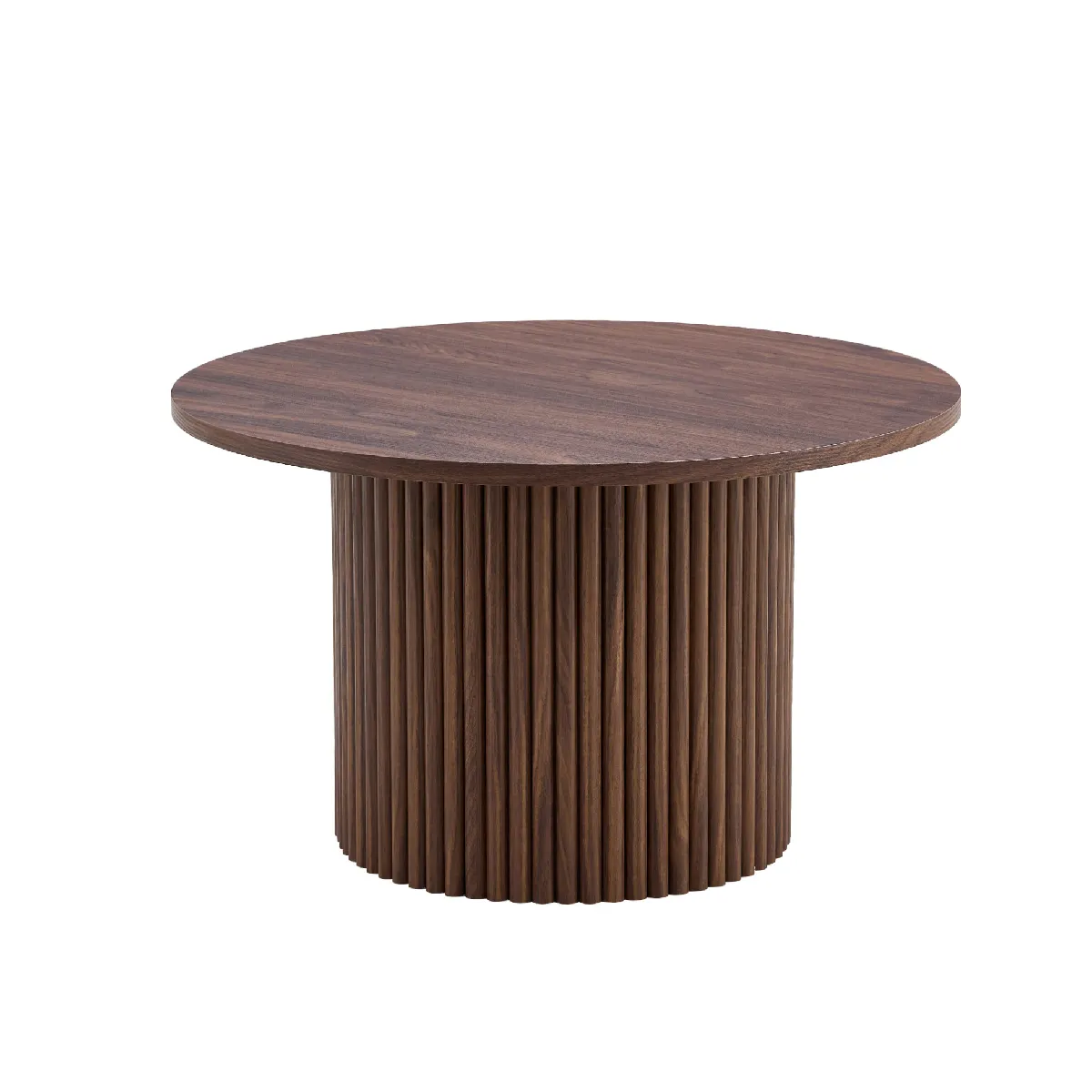Table basse 70/70/42 cm noyer en MDF et métal avec piètement cannelé